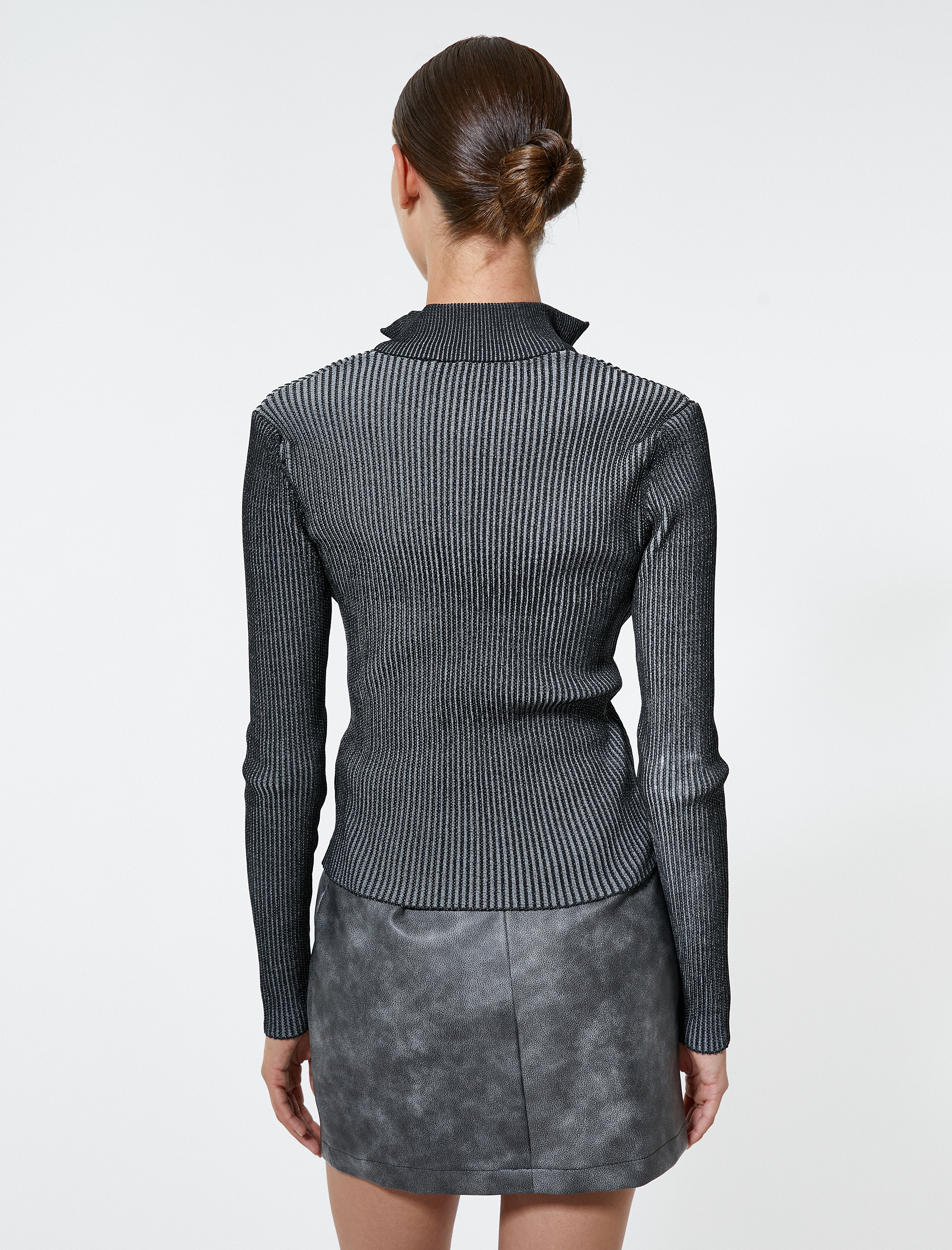 Triko Hırka Fitilli Dik Yaka Soluk Efektli Fermuarlı