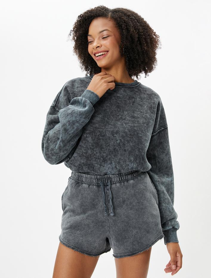  Soluk Efektli Mini Şort Beli Bağlamalı Pamuklu Cepli