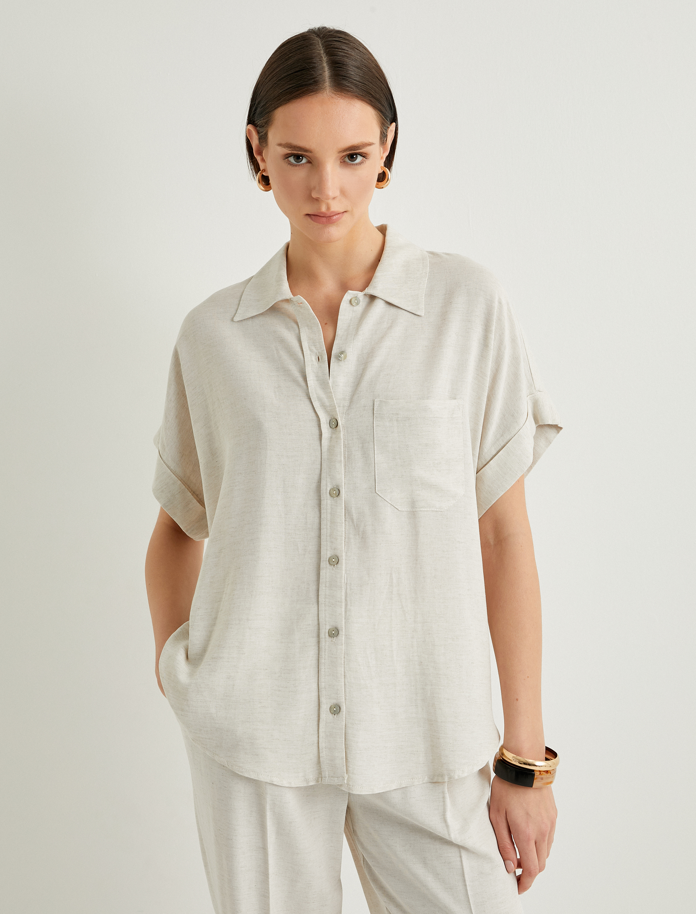   Keten Karışımlı Gömlek Kısa Kollu Düğmeli Klasik Yaka