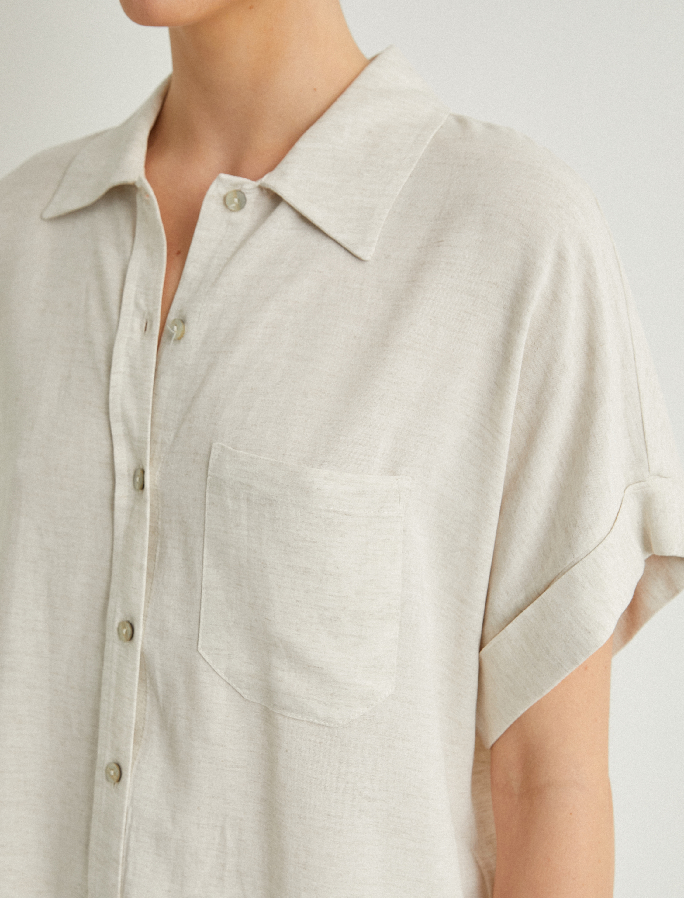   Keten Karışımlı Gömlek Kısa Kollu Düğmeli Klasik Yaka