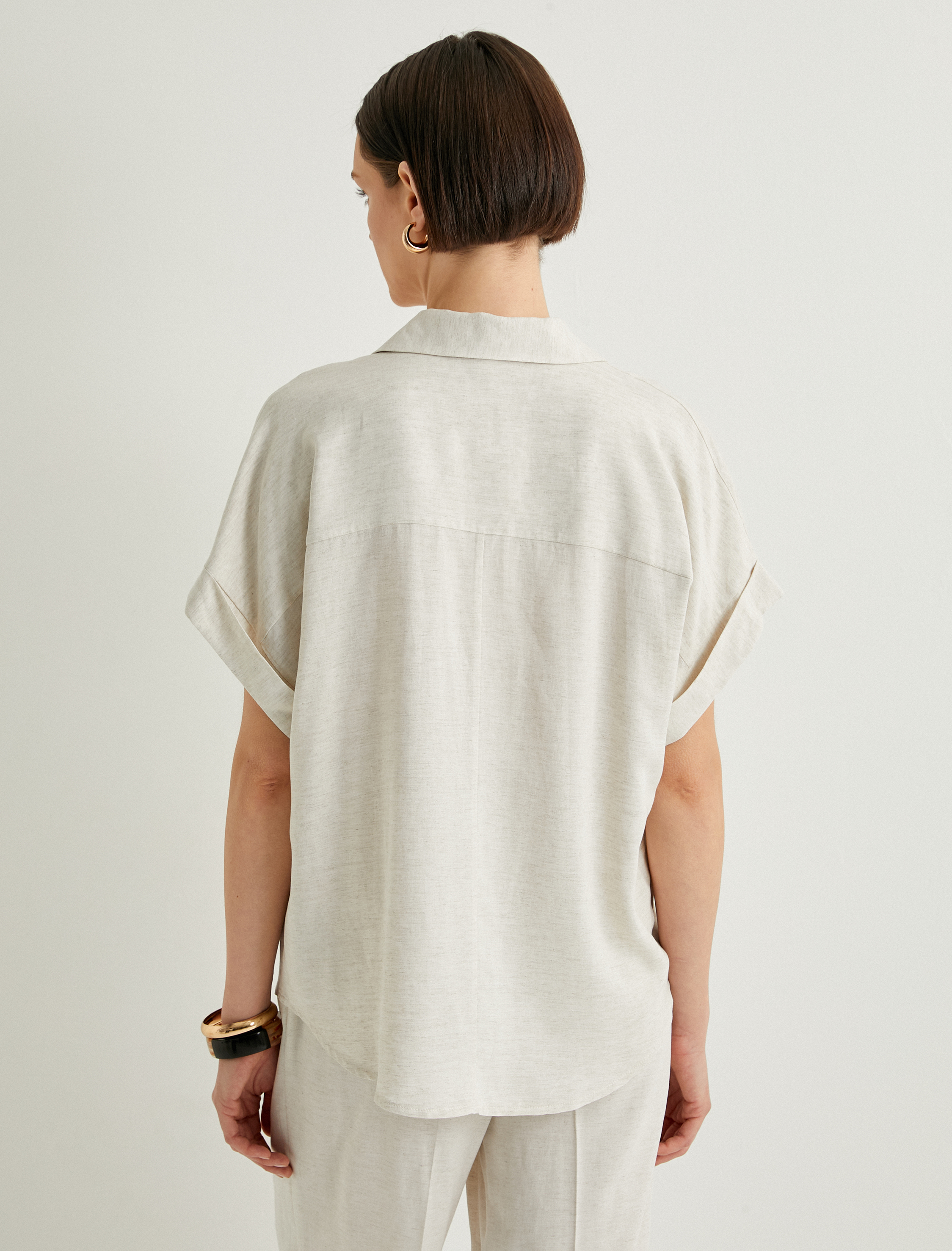   Keten Karışımlı Gömlek Kısa Kollu Düğmeli Klasik Yaka