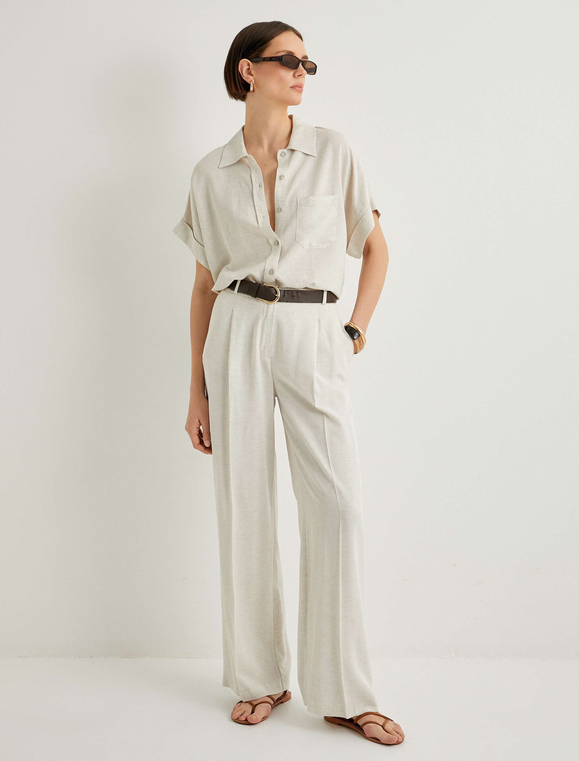   Keten Karışımlı Gömlek Kısa Kollu Düğmeli Klasik Yaka