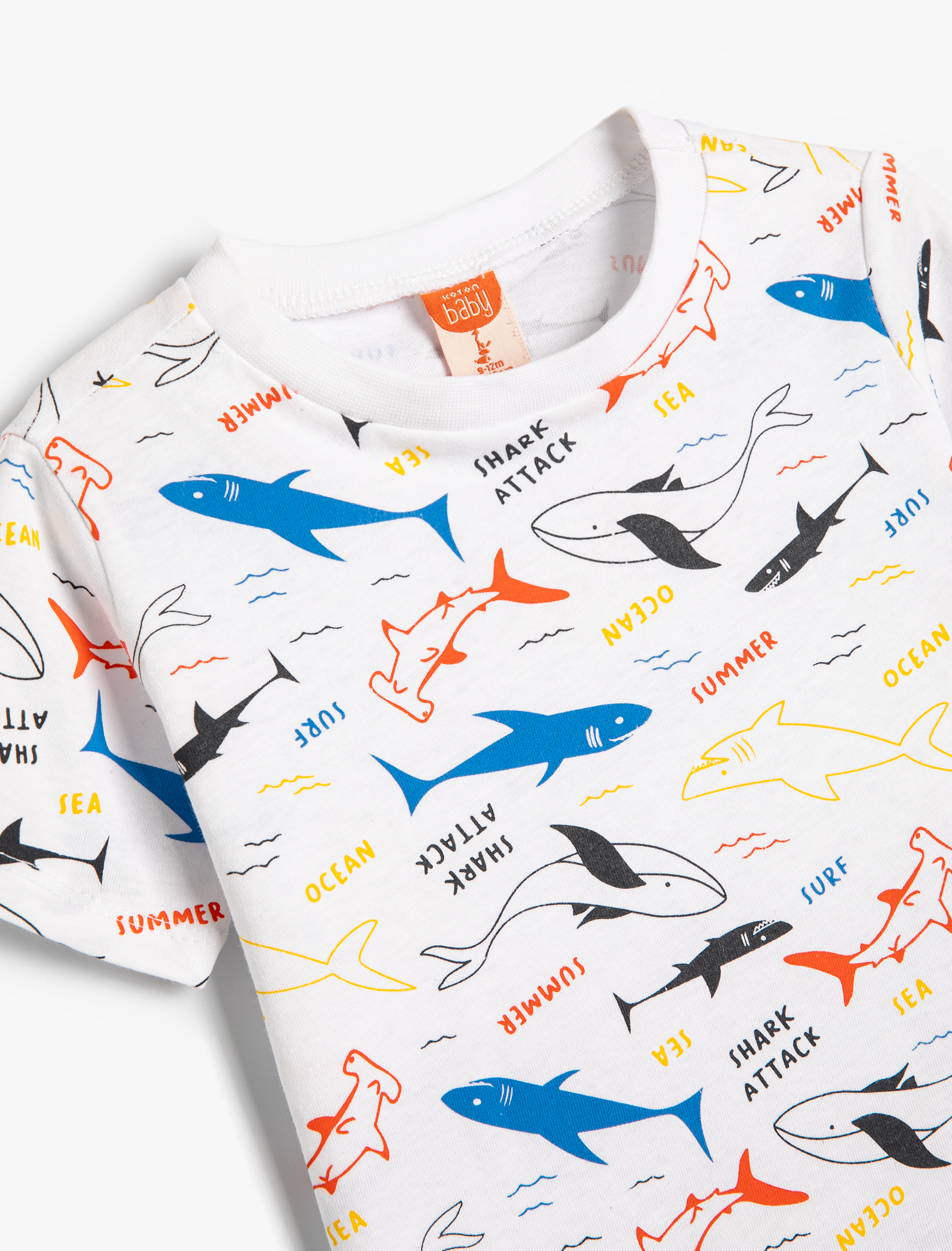  Erkek Bebek Tişört Köpek Balığı Baskılı Kısa Kollu Pamuklu