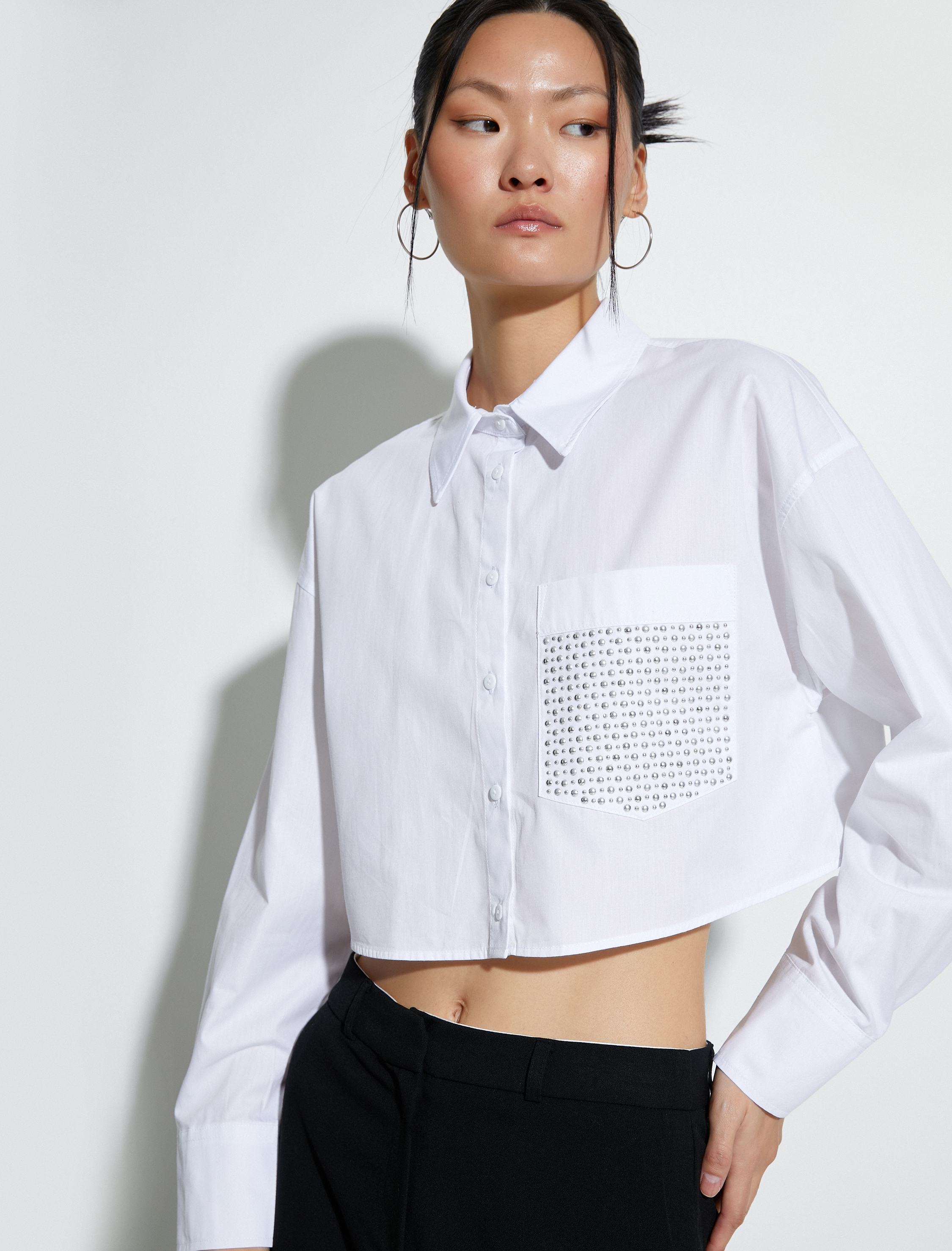   Crop Uzun Kollu Poplin Gömlek Cep Detaylı Düğmeli Pamuklu