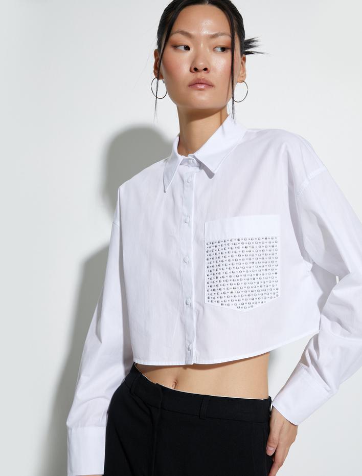  Crop Uzun Kollu Poplin Gömlek Cep Detaylı Düğmeli Pamuklu