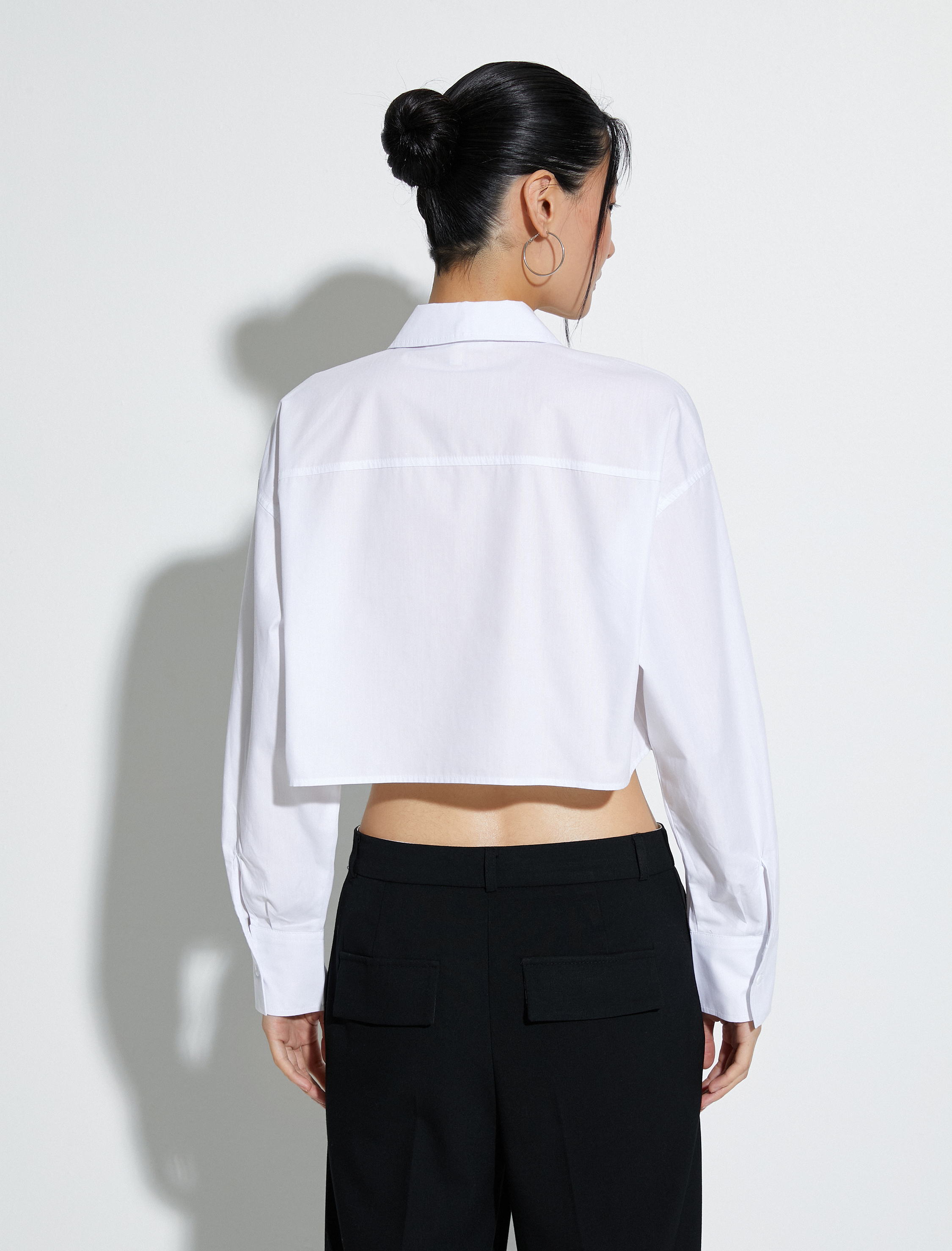   Crop Uzun Kollu Poplin Gömlek Cep Detaylı Düğmeli Pamuklu