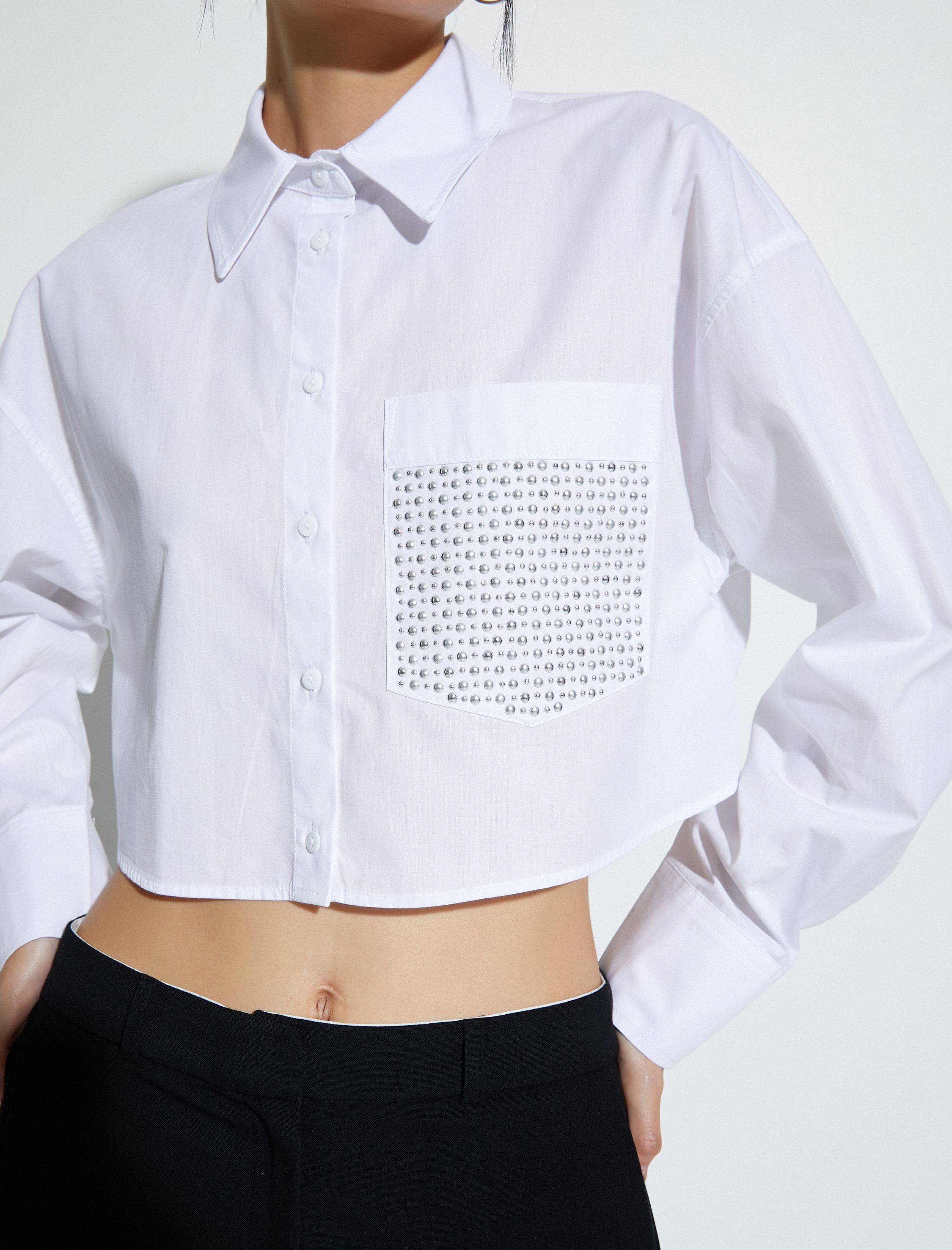   Crop Uzun Kollu Poplin Gömlek Cep Detaylı Düğmeli Pamuklu