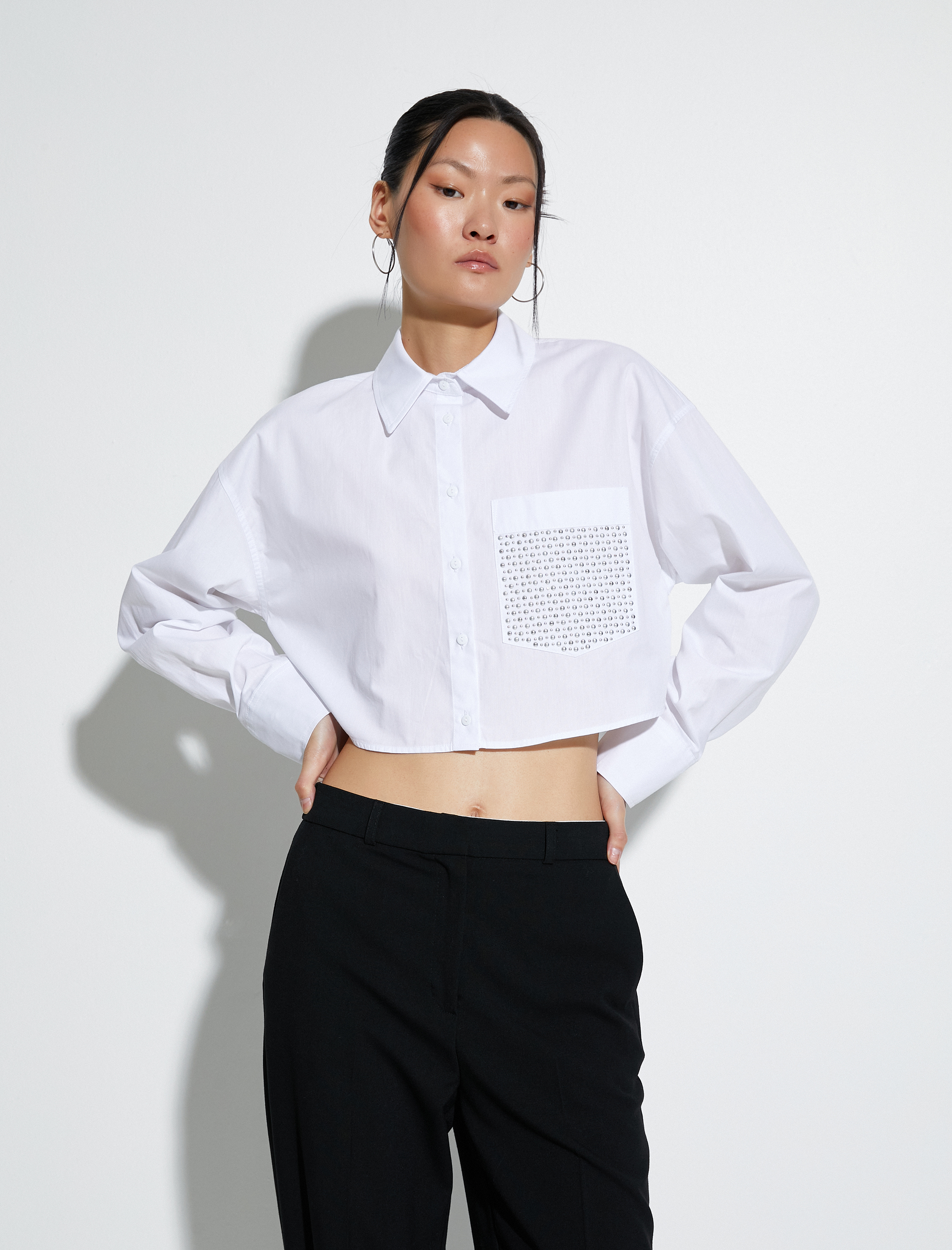   Crop Uzun Kollu Poplin Gömlek Cep Detaylı Düğmeli Pamuklu