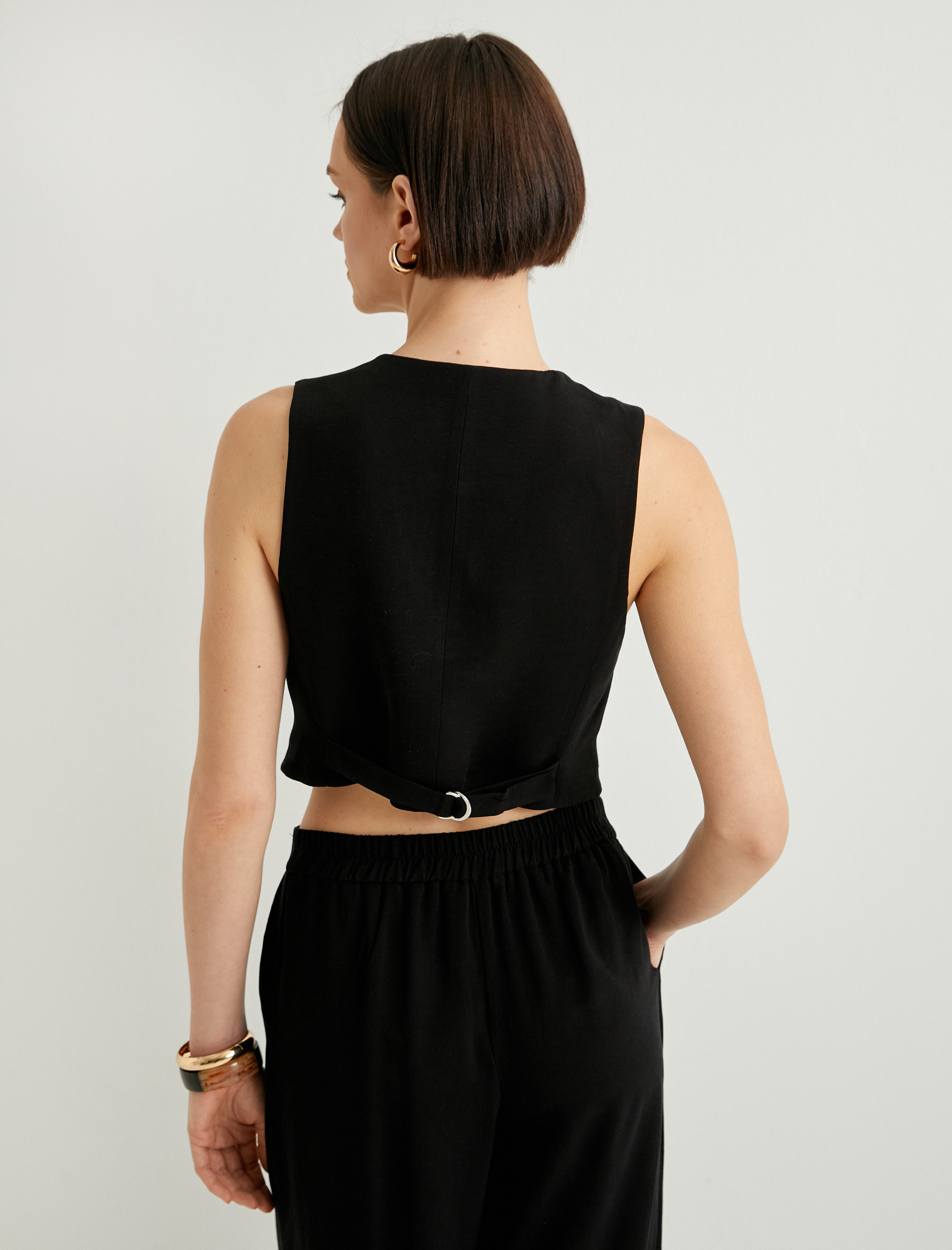   Keten Crop Yelek V Yaka Astarlı Fileto Çift Cepli Düğmeli