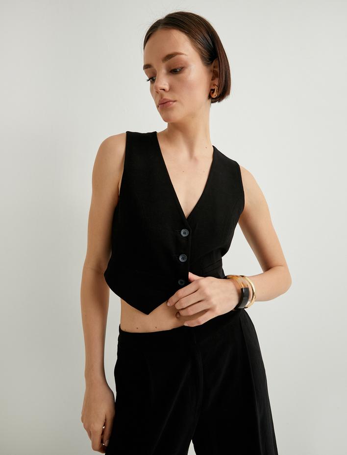  Keten Crop Yelek V Yaka Astarlı Fileto Çift Cepli Düğmeli