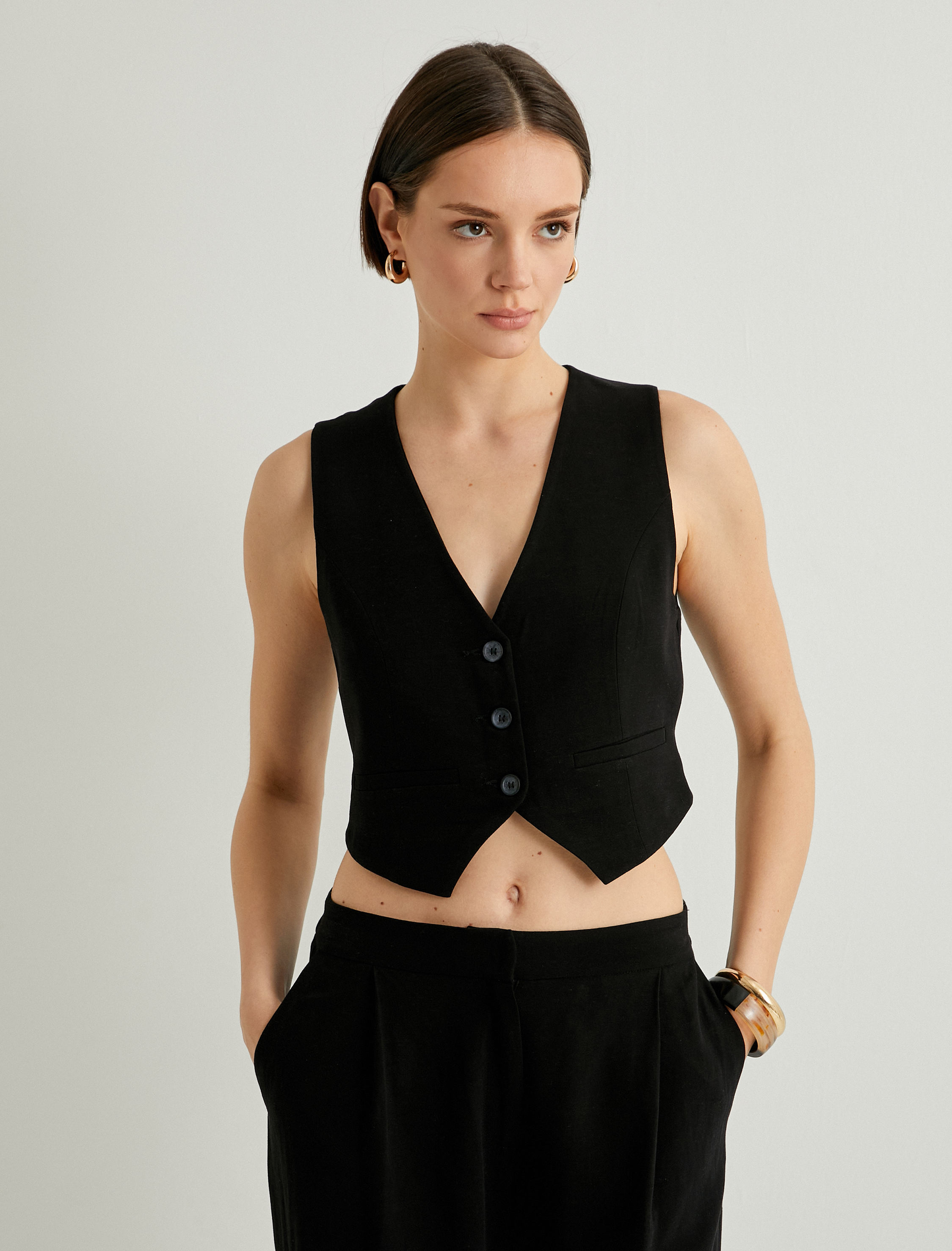   Keten Crop Yelek V Yaka Astarlı Fileto Çift Cepli Düğmeli