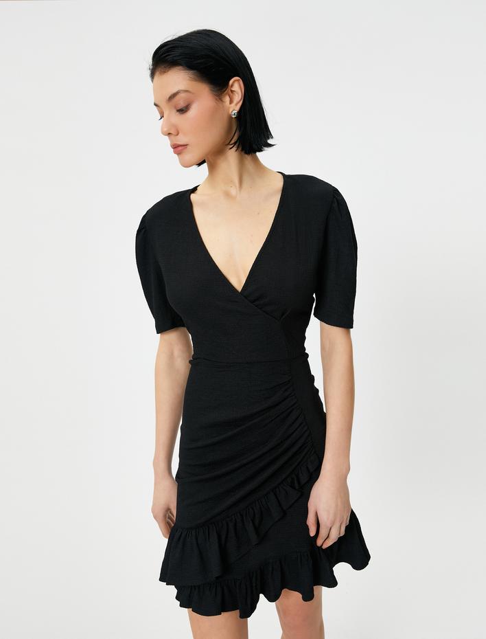  Mini Fırfırlı Elbise V Yaka Kruvaze Balon Kol