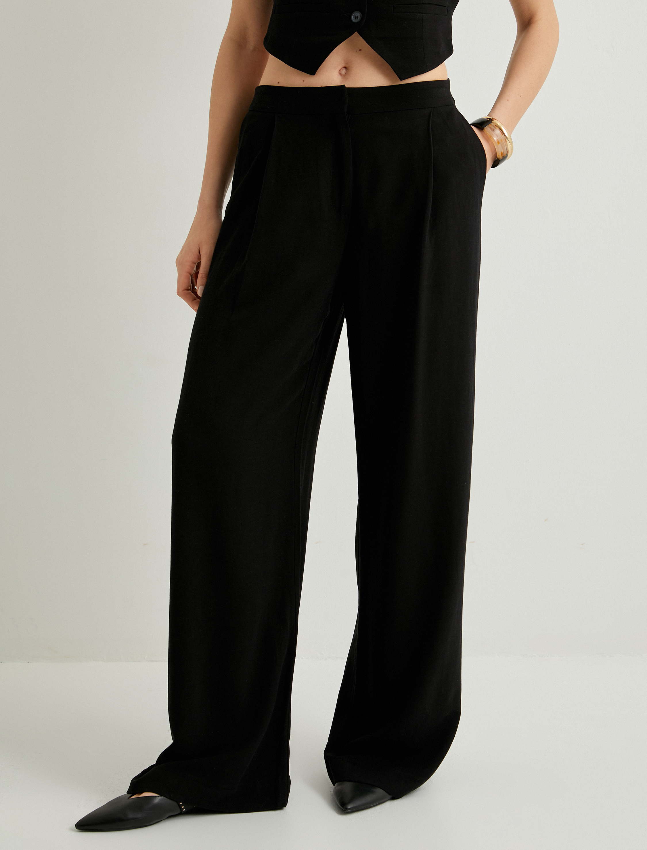   Bol Paça Pantolon Viskon Keten Karışımlı Normal Bel