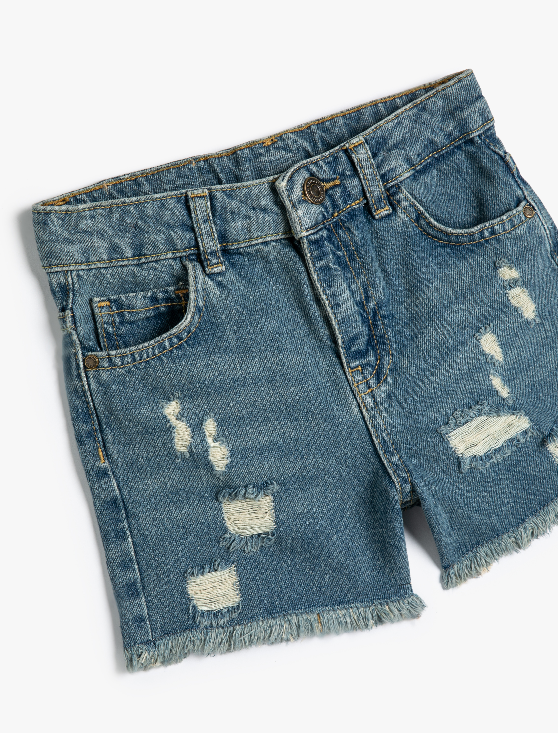  Kız Çocuk Kot Şort Yıpratılmış Detaylı Cepli Pamuklu