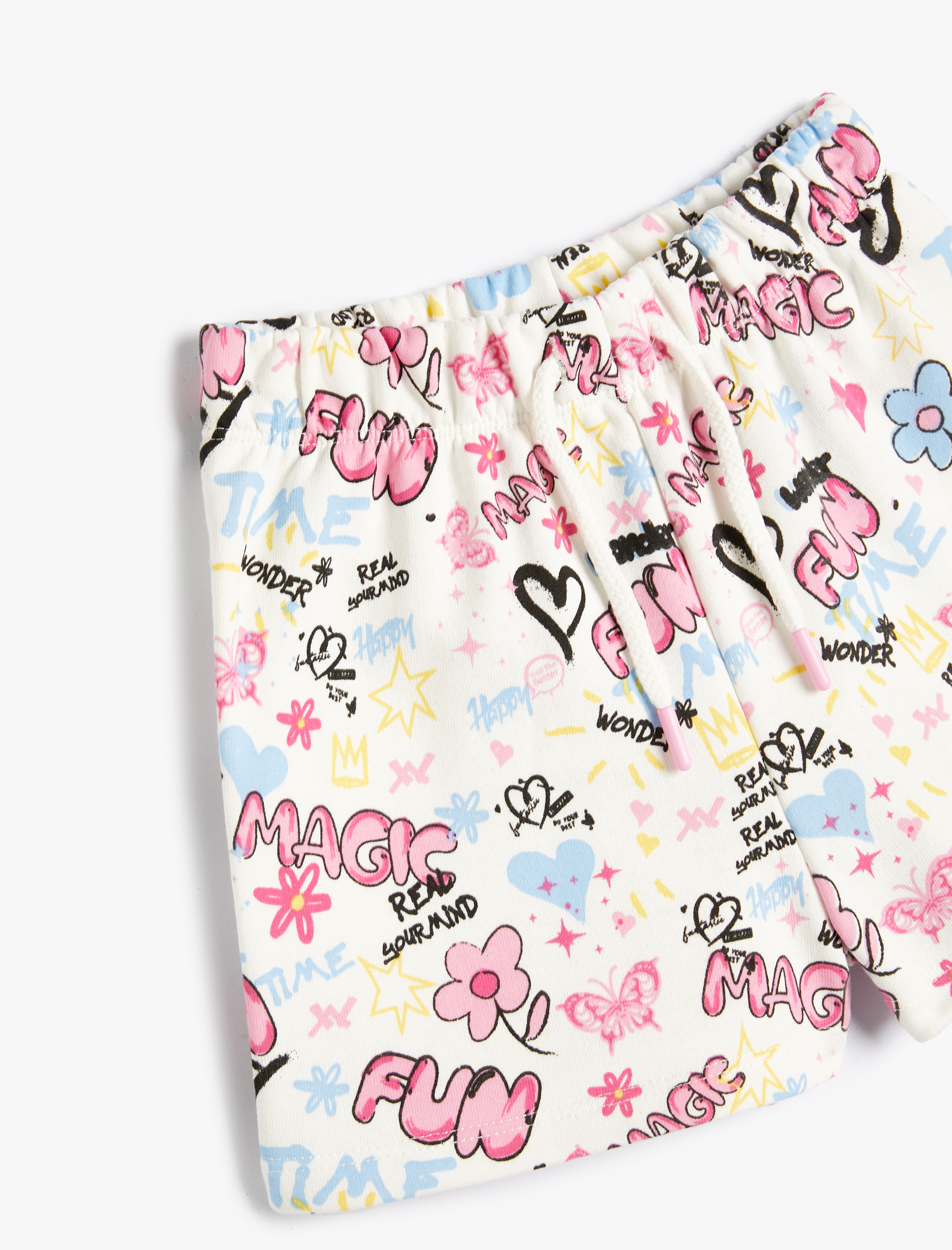  Kız Çocuk Şort Baskı Detaylı Beli Bağlamalı