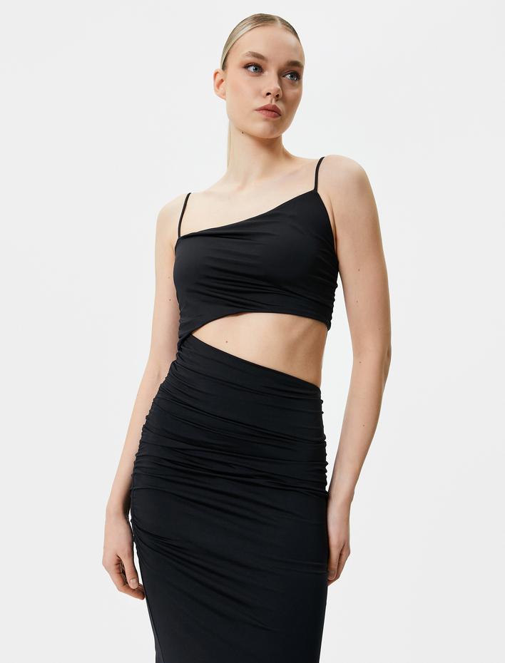  Abiye Elbise Asimetrik Kesim Pencere Detaylı Drapeli İnce Askılı Midi Boy