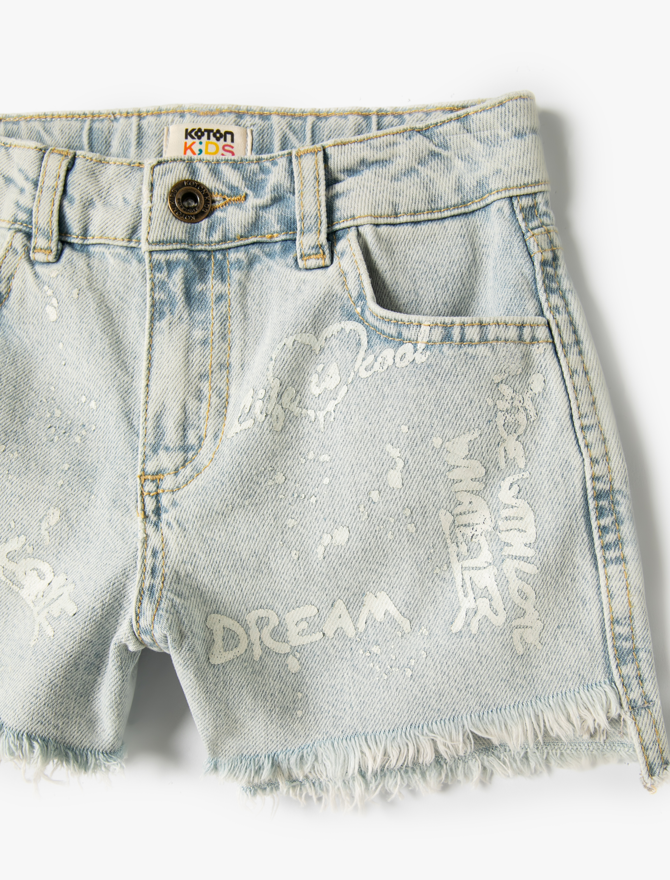  Kız Çocuk Kot Şort Slogan Baskılı Cepli Pamuklu