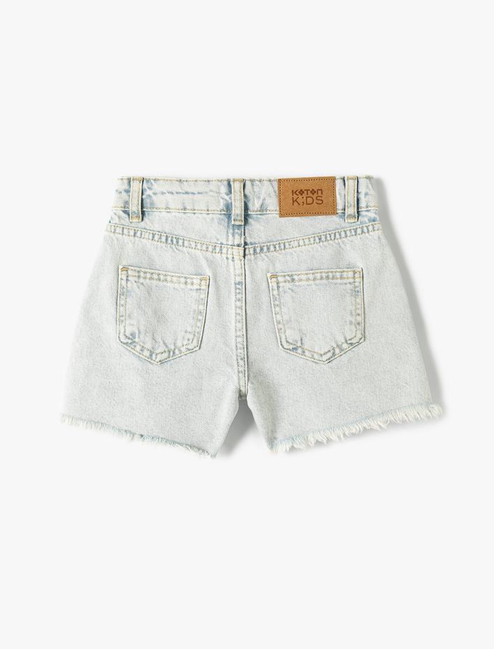 Kız Çocuk Kot Şort Slogan Baskılı Cepli Pamuklu