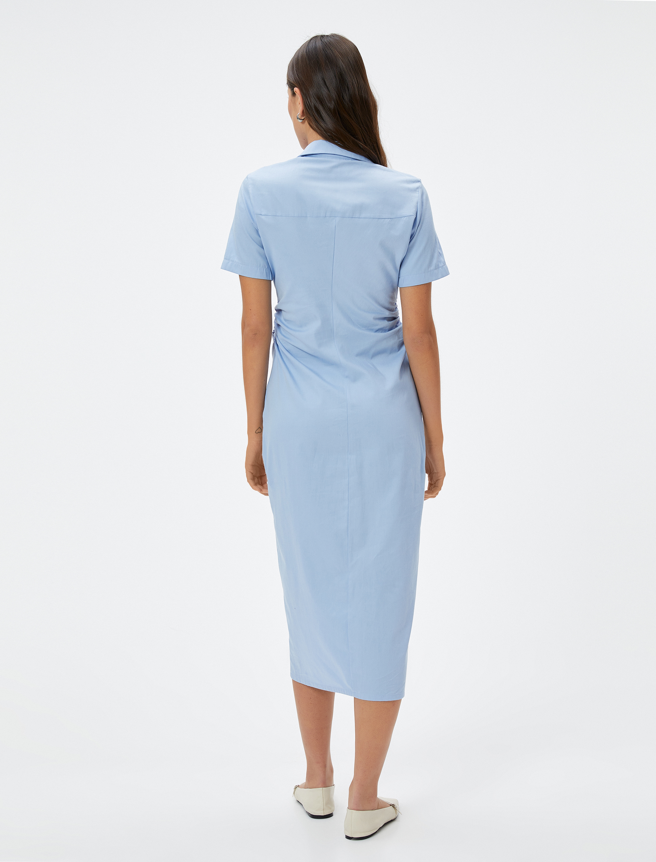   Midi Gömlek Elbise Düğmeli Drapeli Büzgülü Kısa Kollu