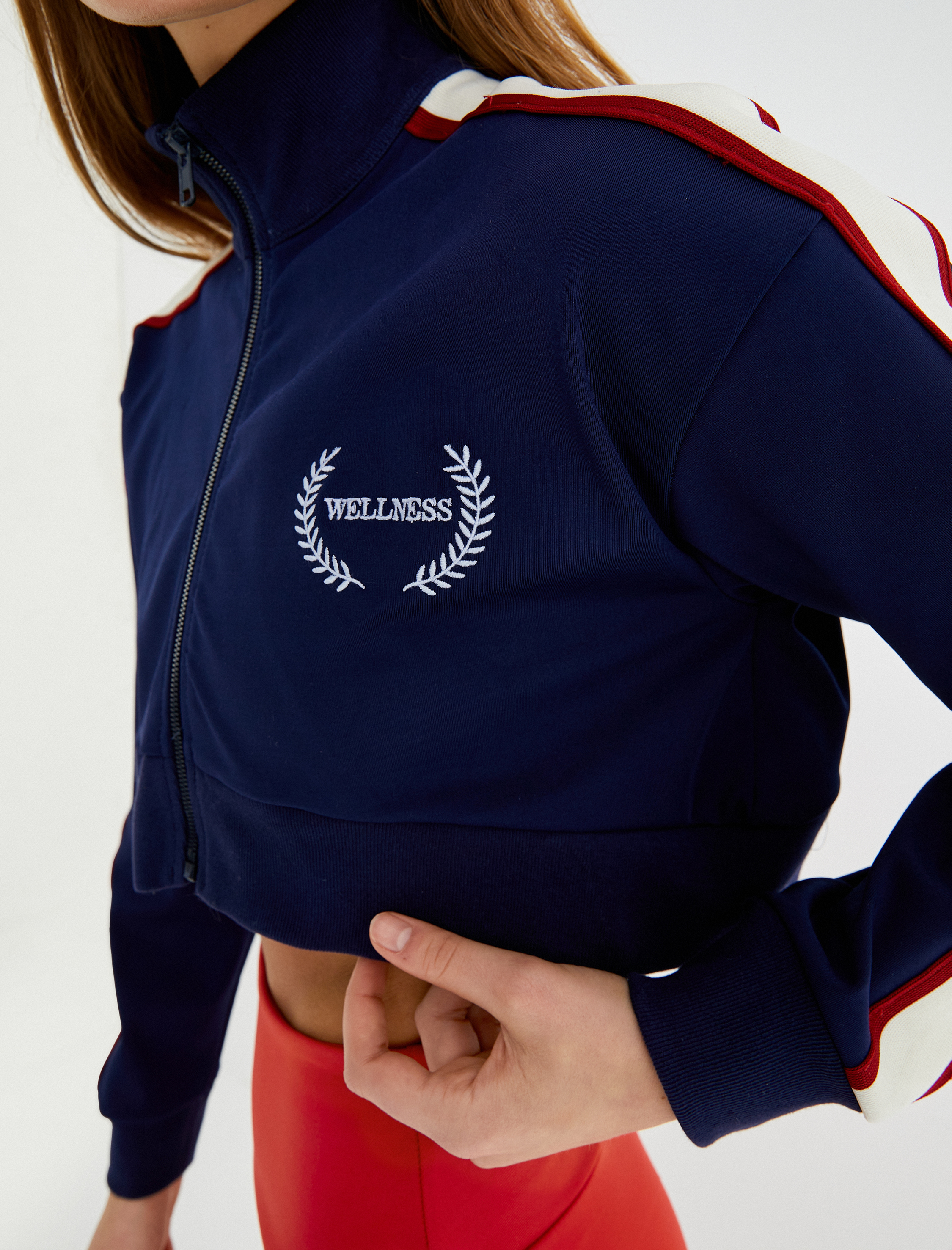   Fermuarlı Crop Sweatshirt Dik Yaka Çizgili Renk Bloklu İnterlok