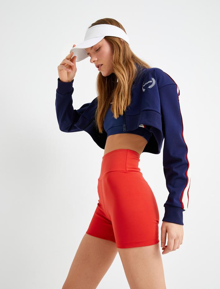  Fermuarlı Crop Sweatshirt Dik Yaka Çizgili Renk Bloklu İnterlok