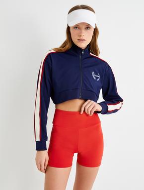 Fermuarlı Crop Sweatshirt Dik Yaka Çizgili Renk Bloklu_3