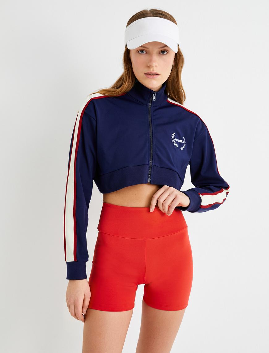   Fermuarlı Crop Sweatshirt Dik Yaka Çizgili Renk Bloklu