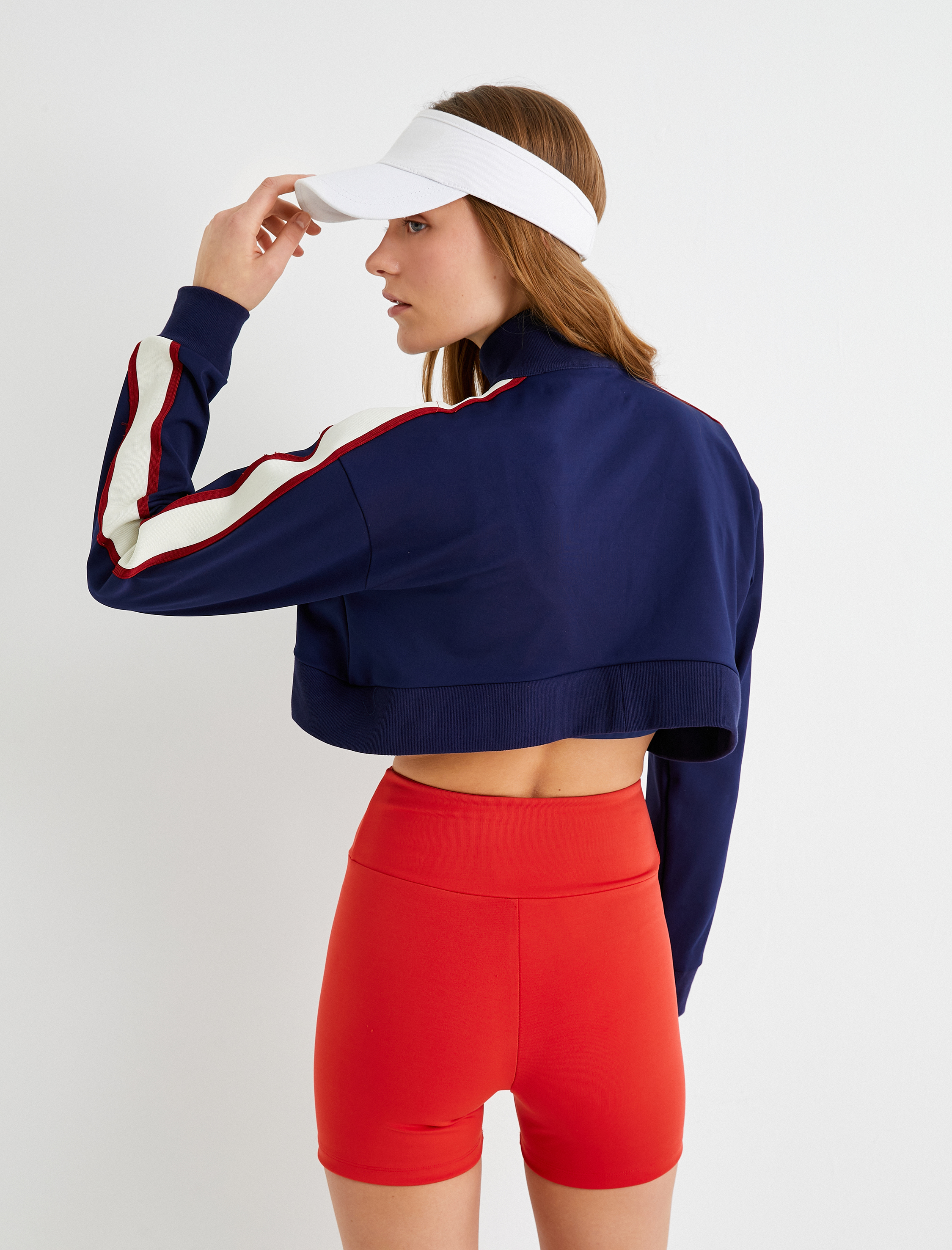   Fermuarlı Crop Sweatshirt Dik Yaka Çizgili Renk Bloklu İnterlok