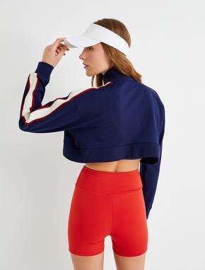 Fermuarlı Crop Sweatshirt Dik Yaka Çizgili Renk Bloklu_4