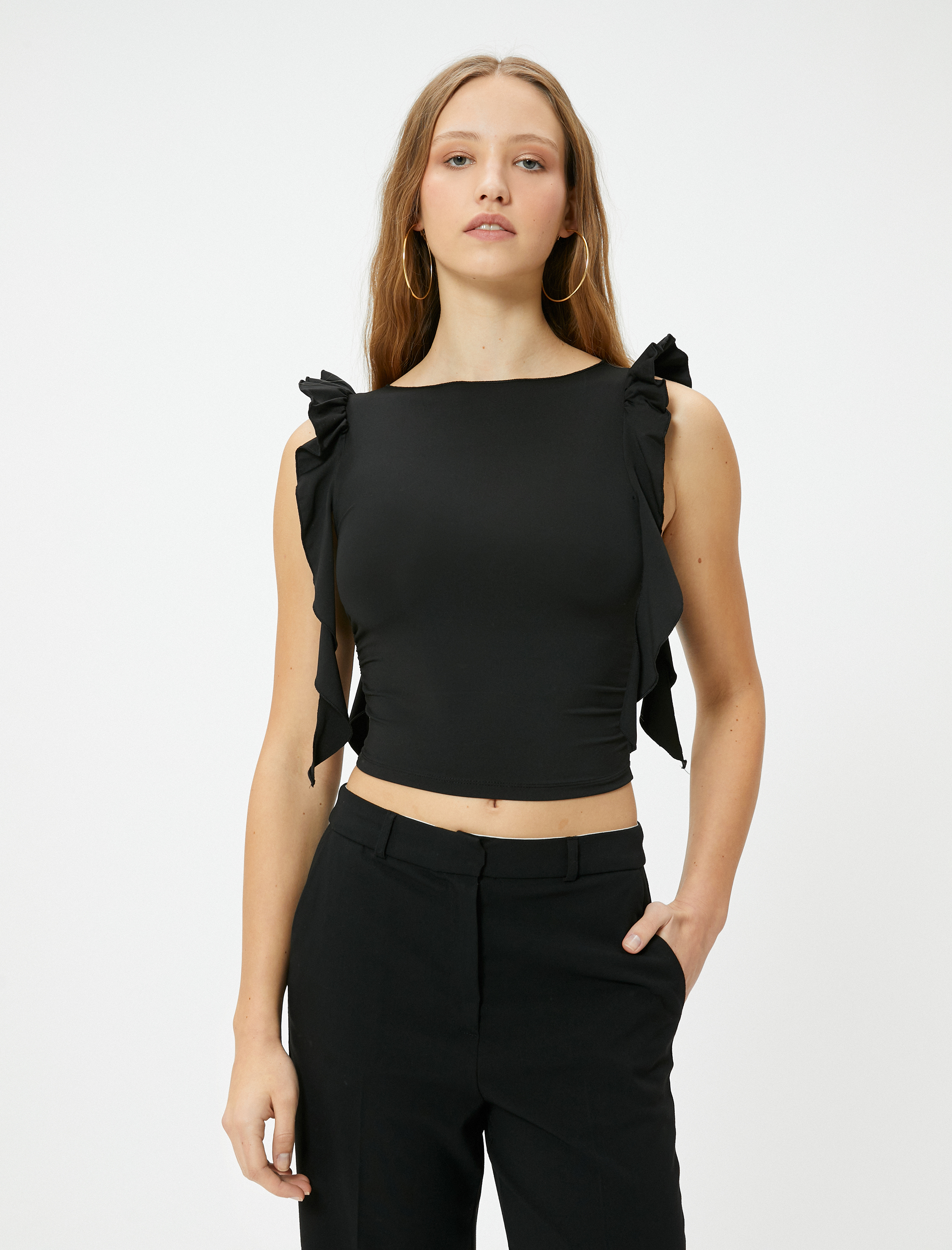   Fırfırlı Crop Üst Kolsuz Drape Detaylı Bisiklet Yaka Slim Fit