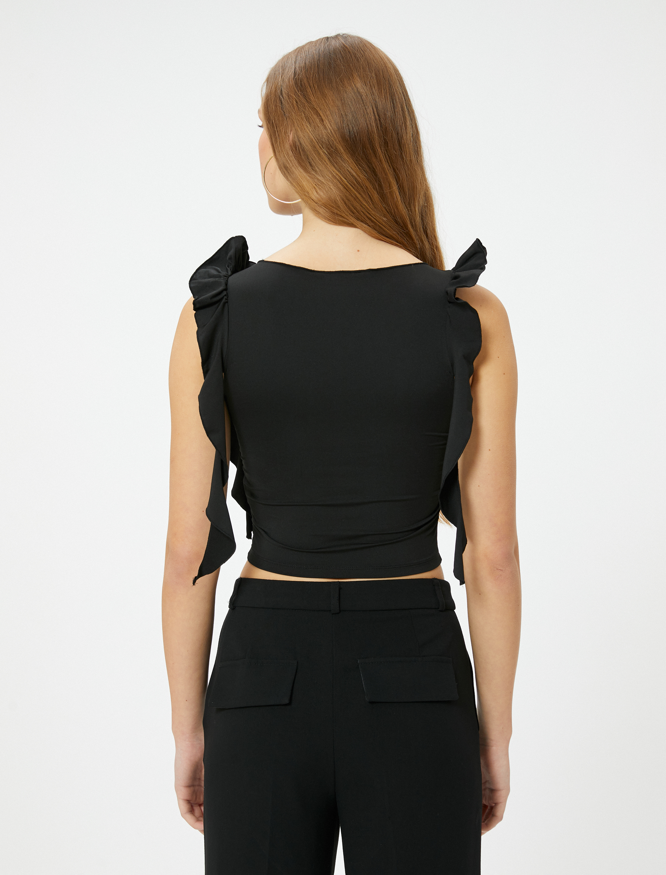   Fırfırlı Crop Üst Kolsuz Drape Detaylı Bisiklet Yaka Slim Fit