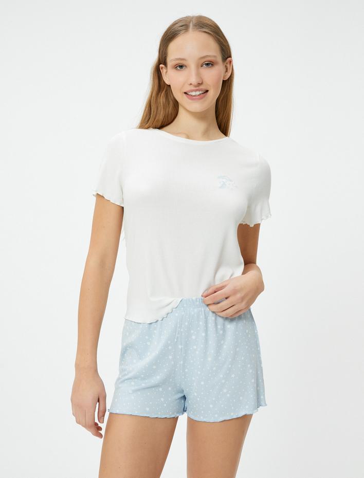  Şortlu Pijama Takımı Kısa Kollu Bisiklet Yaka Baskılı