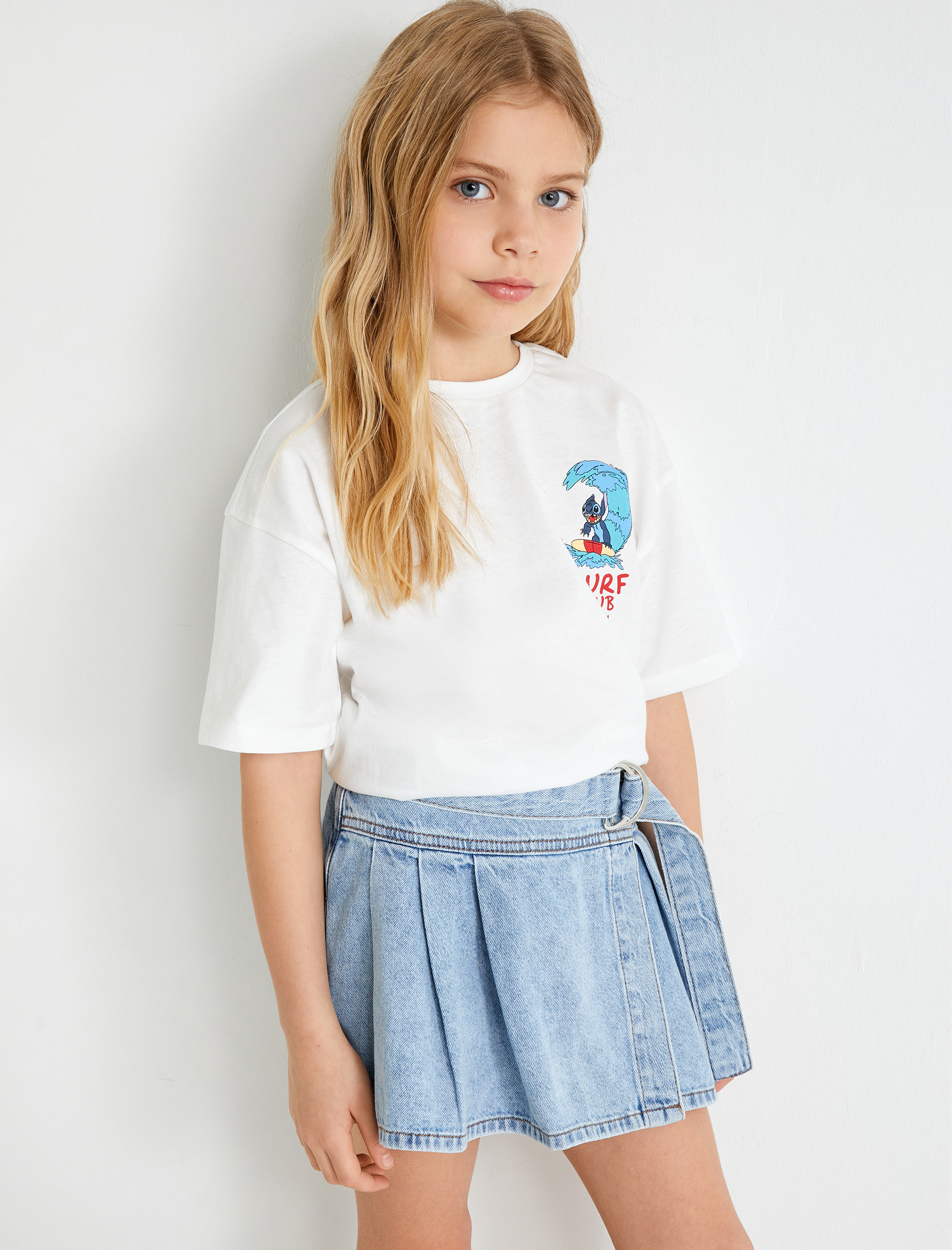  Kız Çocuk Stitch Tişört Lisanslı Arkası ve Önü Baskılı Kısa Kollu Pamuklu