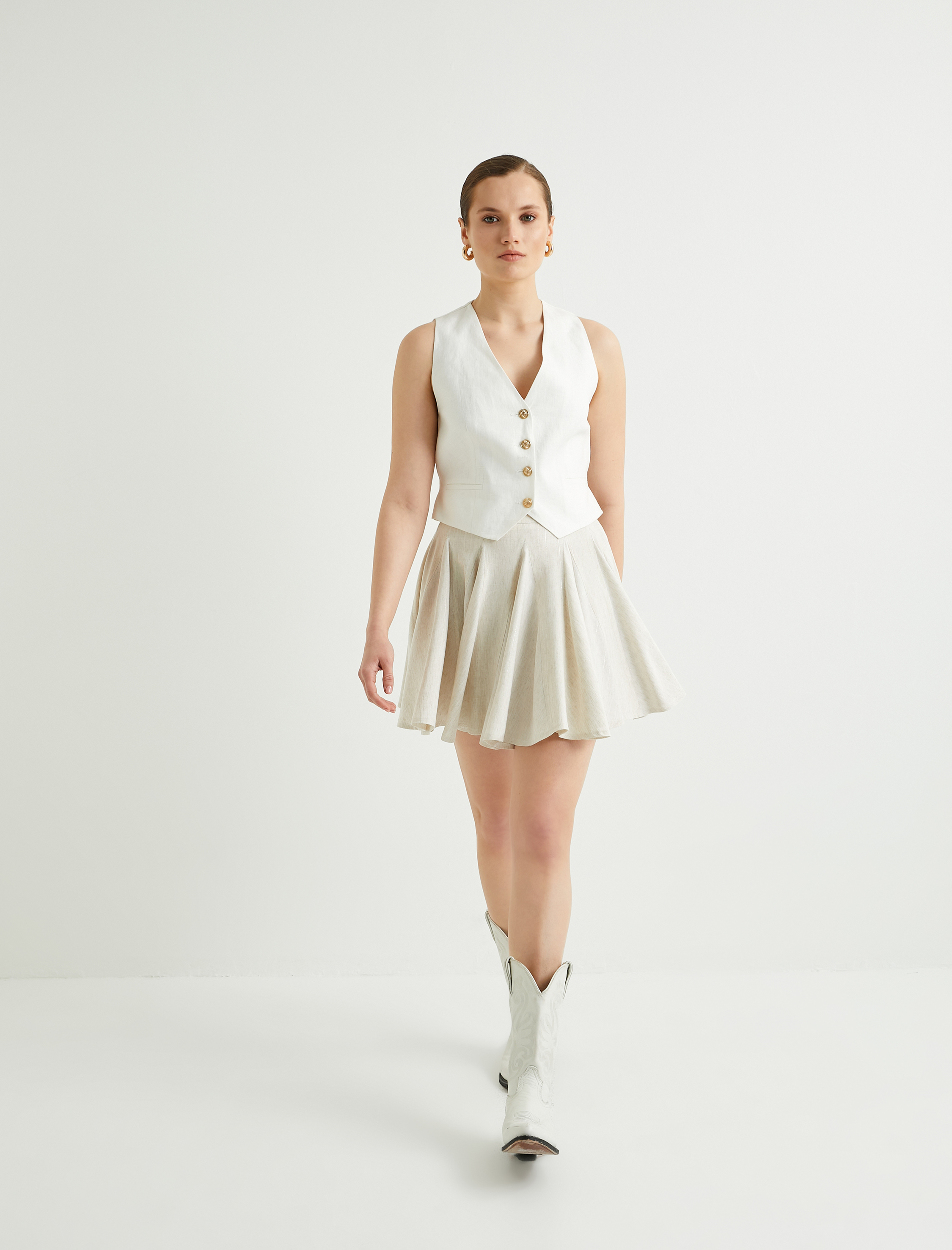   Volanlı Mini Etek Normal Bel Viskon Keten Karışımlı