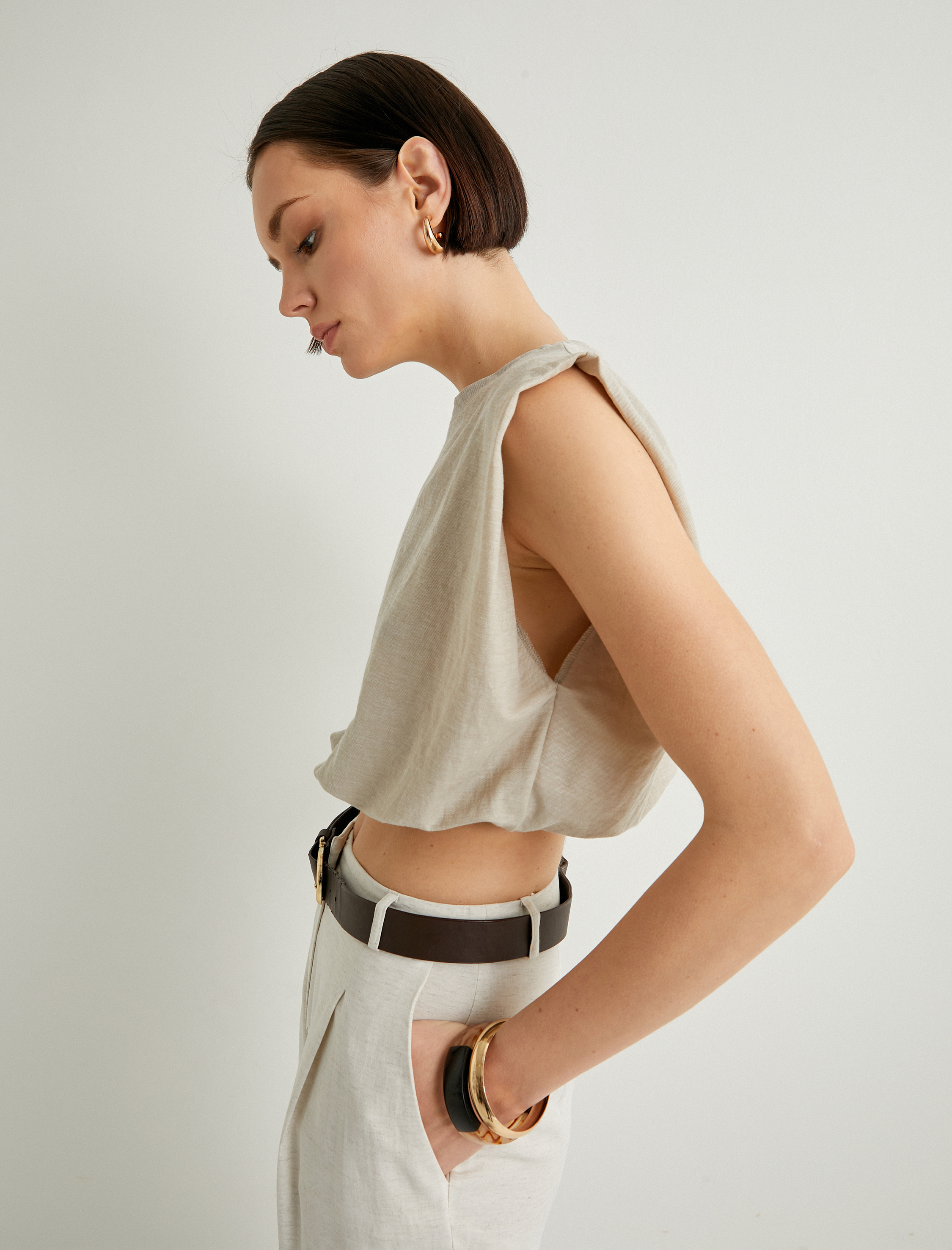   Crop Bluz Bisiklet Yaka Kolsuz Beli Lastikli