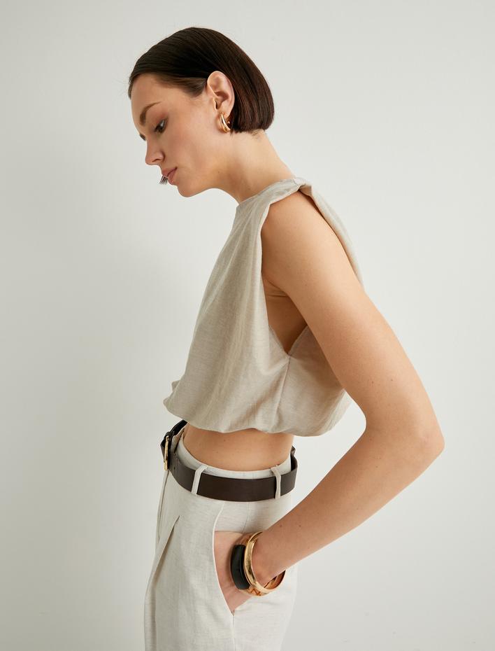  Crop Bluz Bisiklet Yaka Kolsuz Beli Lastikli