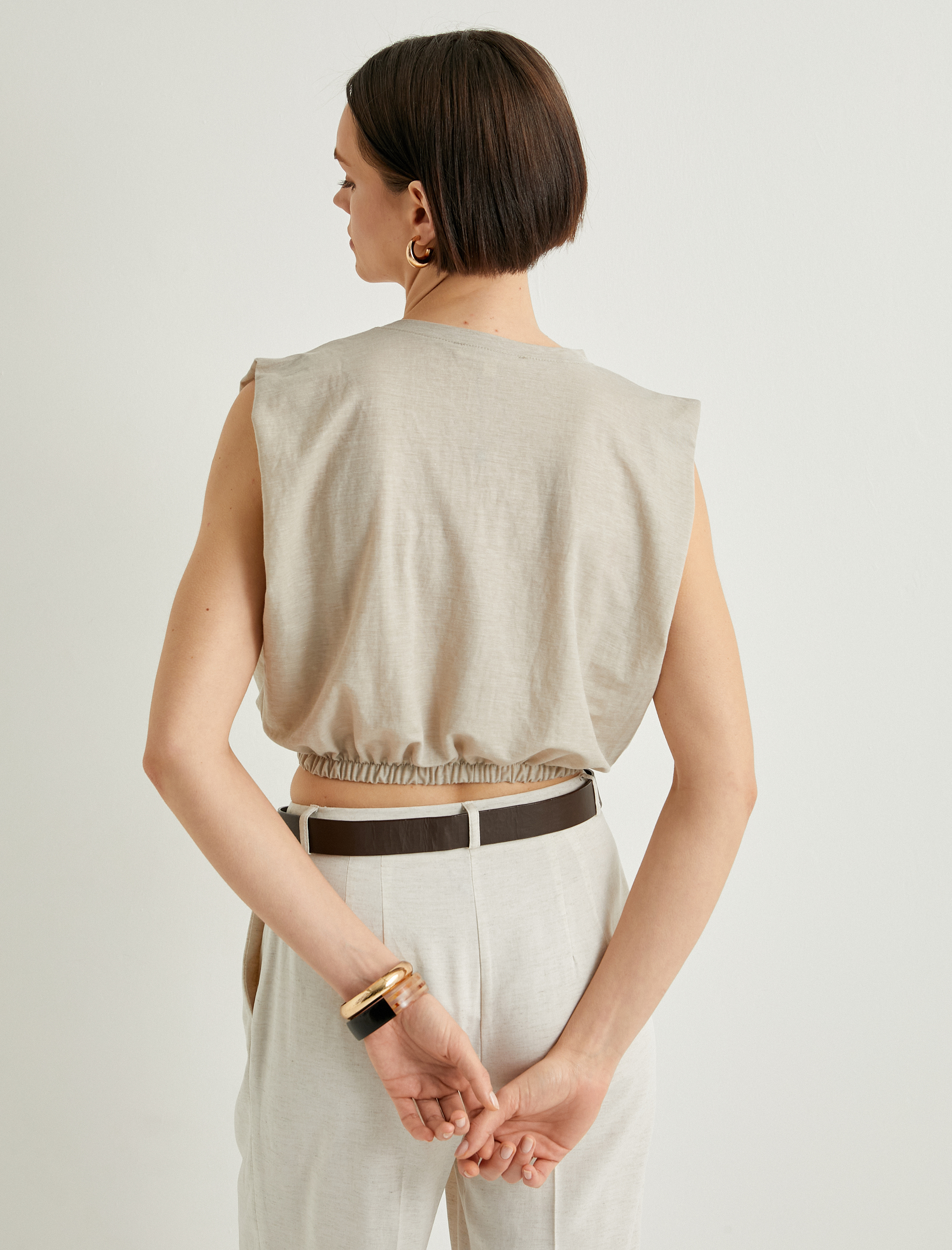   Crop Bluz Bisiklet Yaka Kolsuz Beli Lastikli