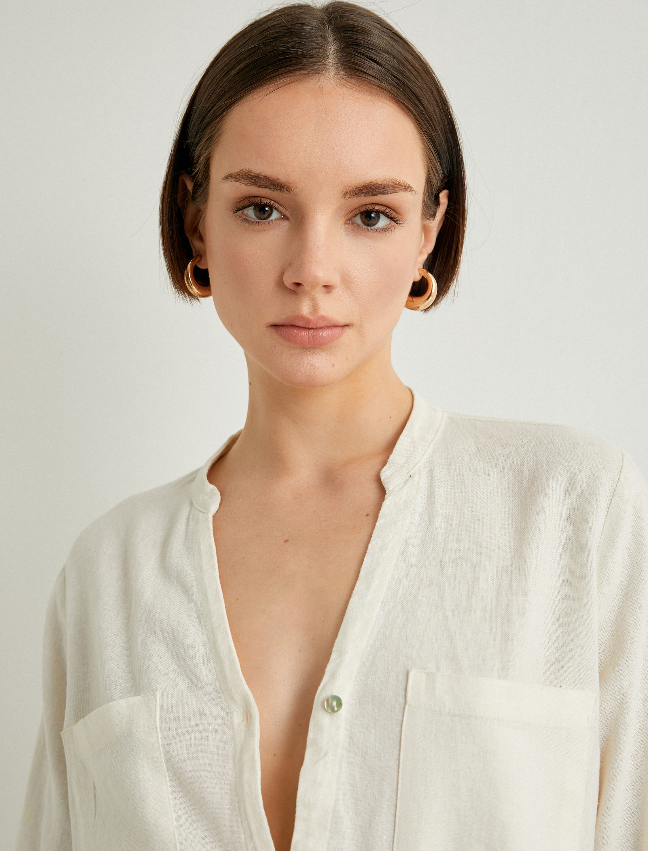   Hakim Yaka Gömlek Uzun Kollu Düğmeli Viskon Keten Karışımlı Standart Kesim