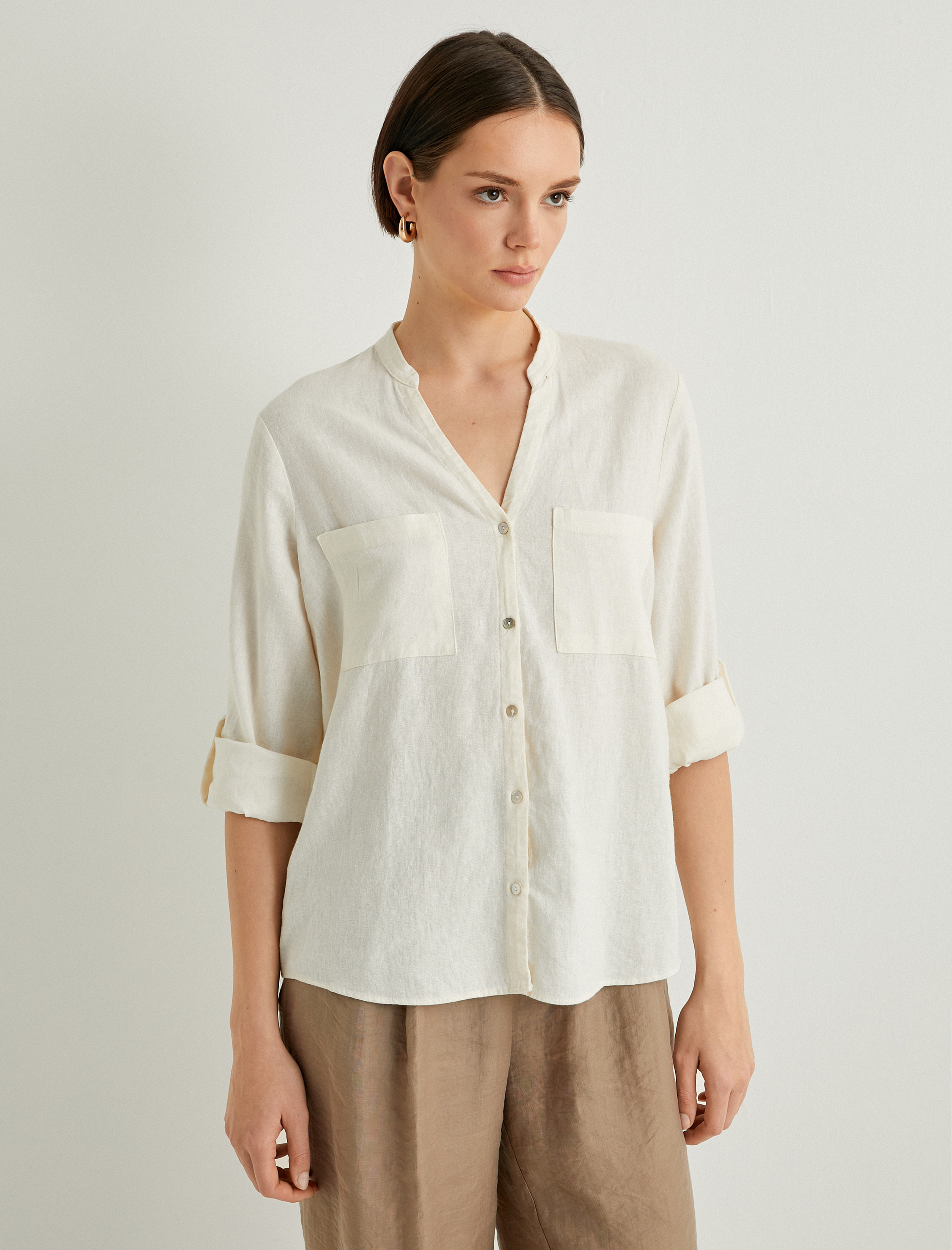   Hakim Yaka Gömlek Uzun Kollu Düğmeli Viskon Keten Karışımlı Standart Kesim