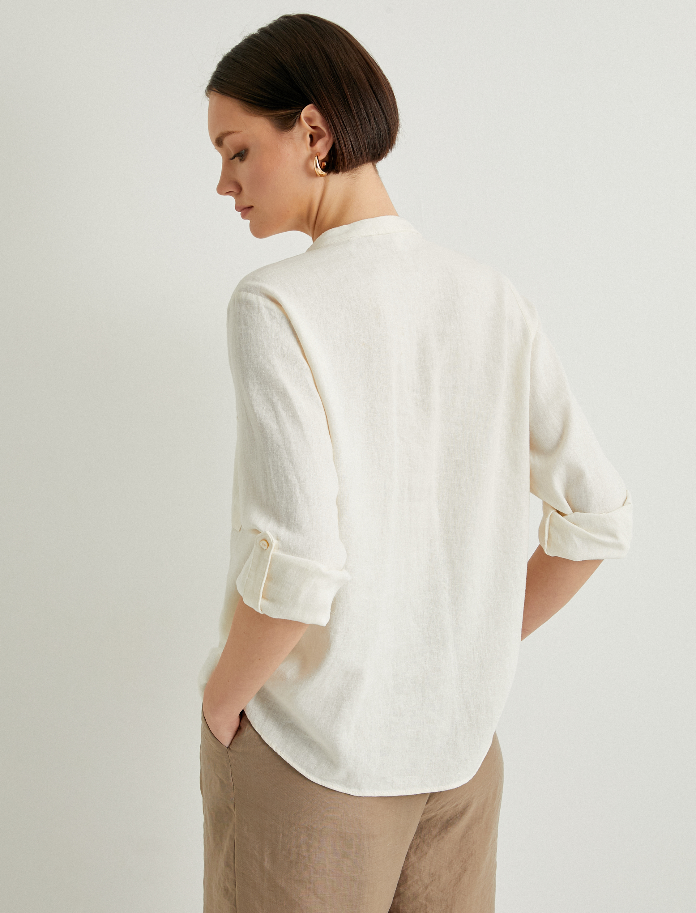   Hakim Yaka Gömlek Uzun Kollu Düğmeli Viskon Keten Karışımlı Standart Kesim