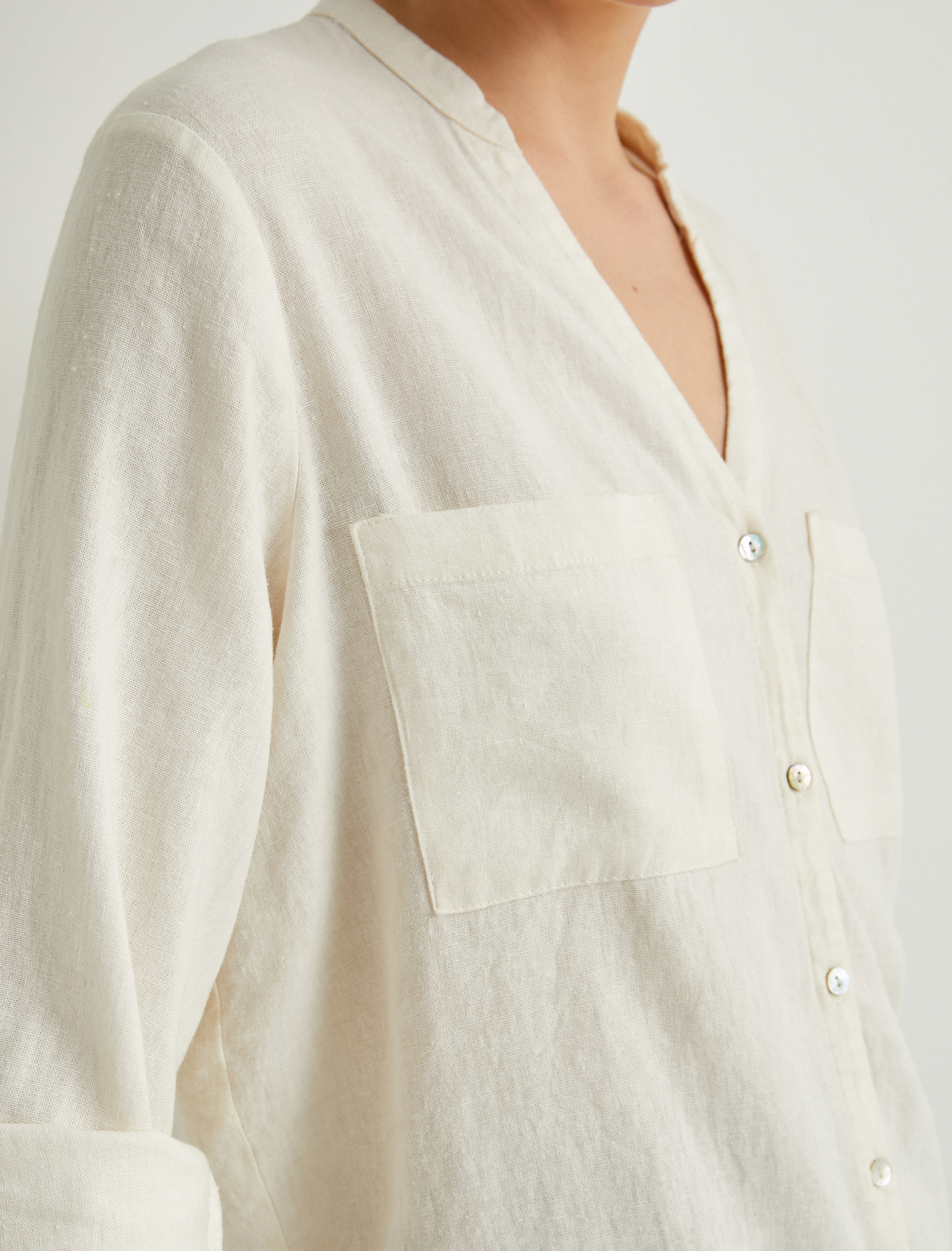   Hakim Yaka Gömlek Uzun Kollu Düğmeli Viskon Keten Karışımlı Standart Kesim