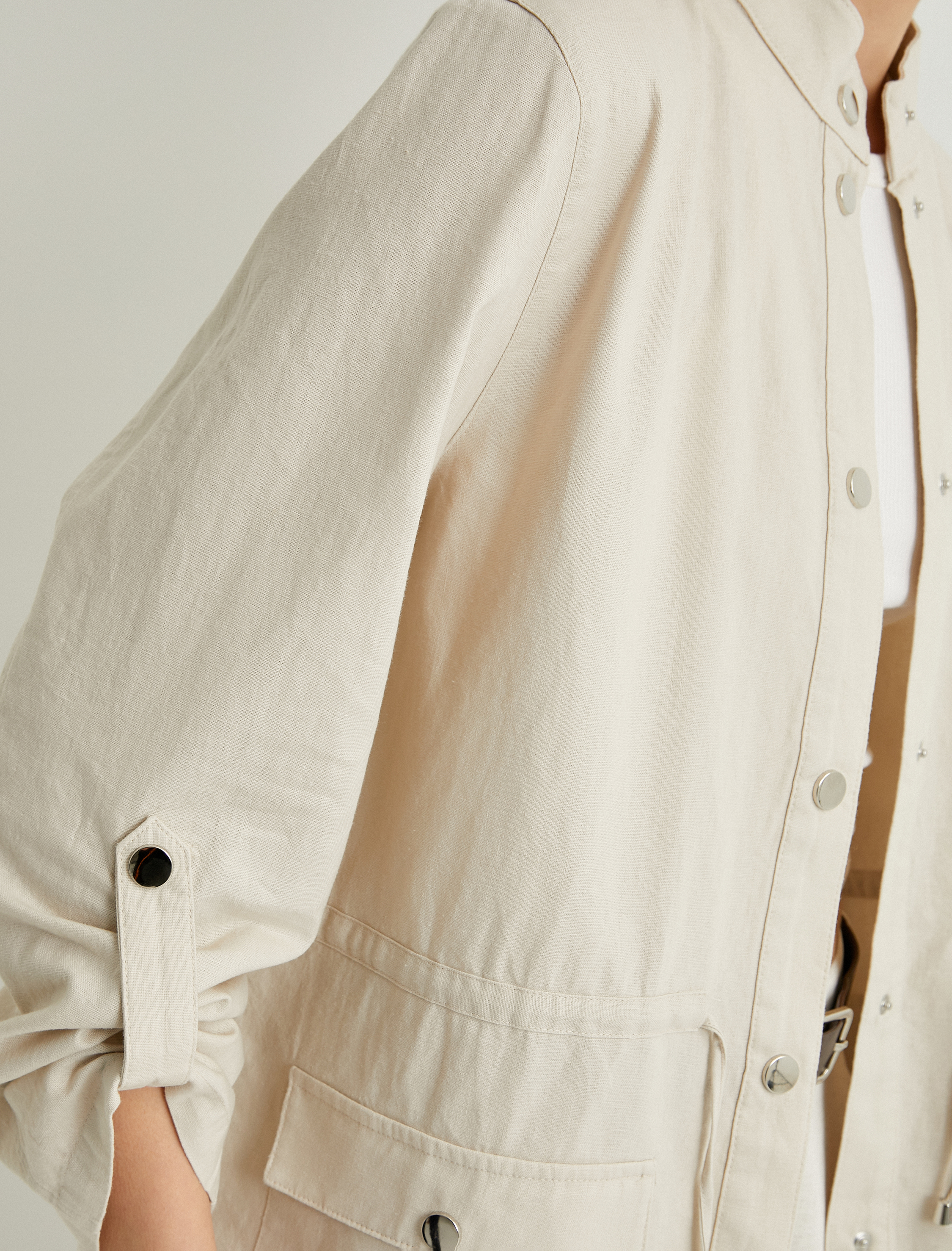   Mevsimlik Ceket Keten Karışımlı Dik Yaka Çıtçıt Kapama Katlamalı Kollu