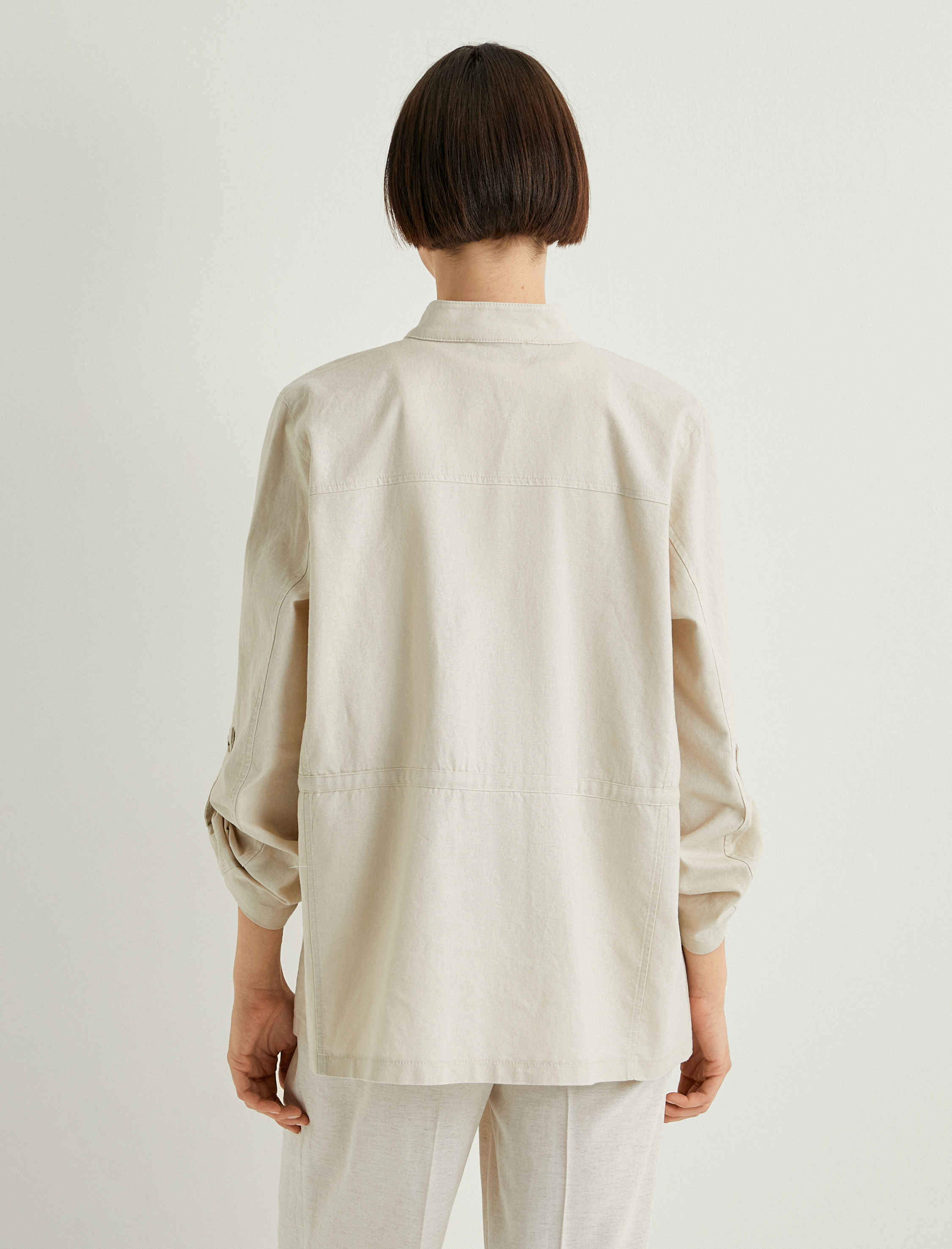   Mevsimlik Ceket Keten Karışımlı Dik Yaka Çıtçıt Kapama Katlamalı Kollu