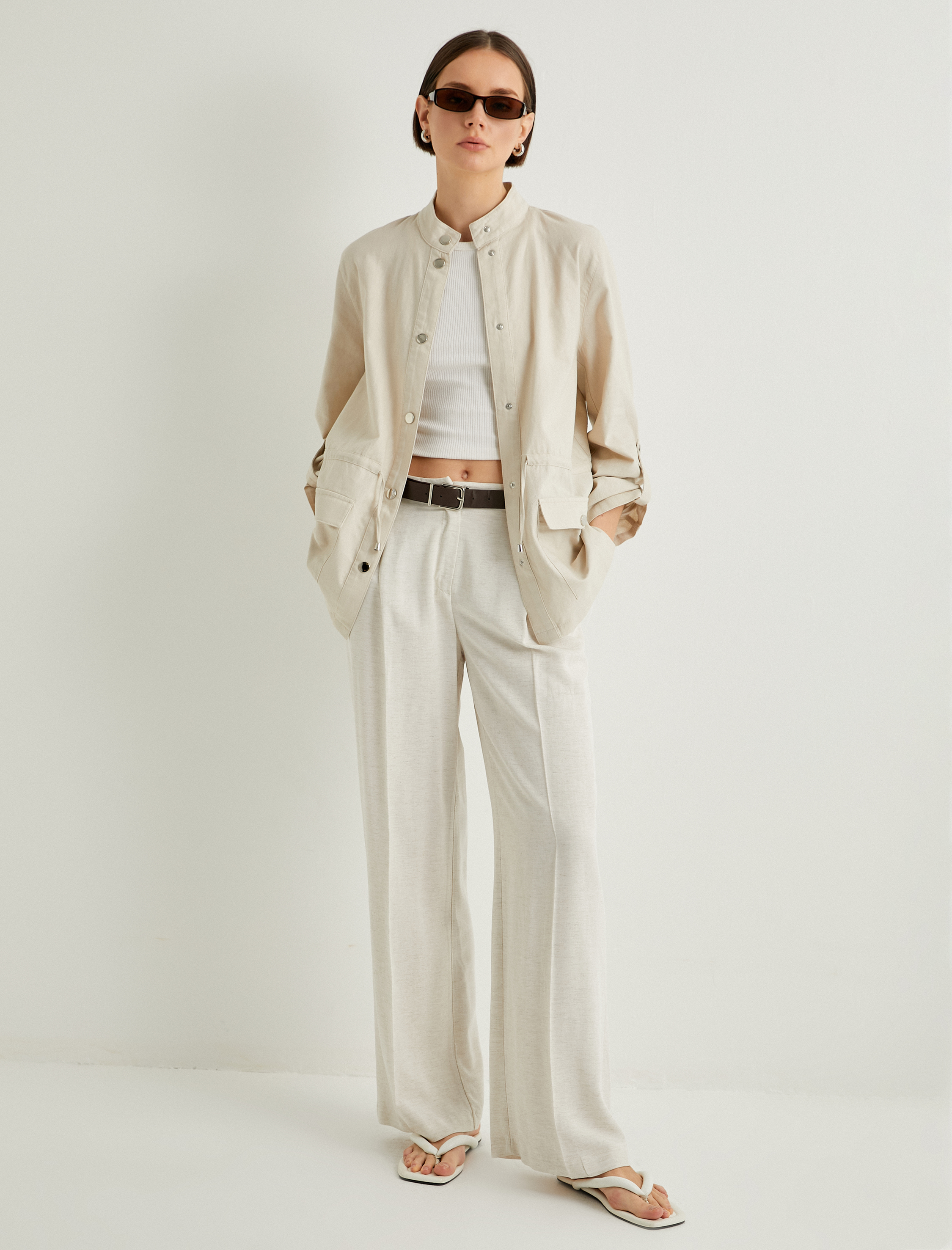   Mevsimlik Ceket Keten Karışımlı Dik Yaka Çıtçıt Kapama Katlamalı Kollu