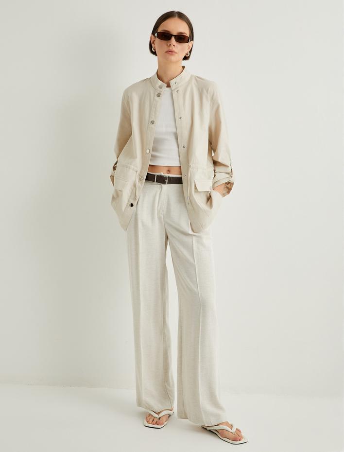  Mevsimlik Ceket Keten Karışımlı Dik Yaka Çıtçıt Kapama Katlamalı Kollu