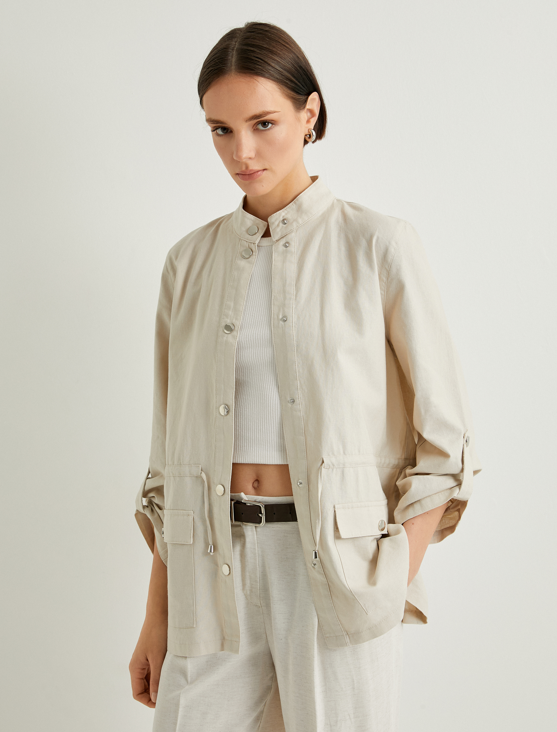   Mevsimlik Ceket Keten Karışımlı Dik Yaka Çıtçıt Kapama Katlamalı Kollu