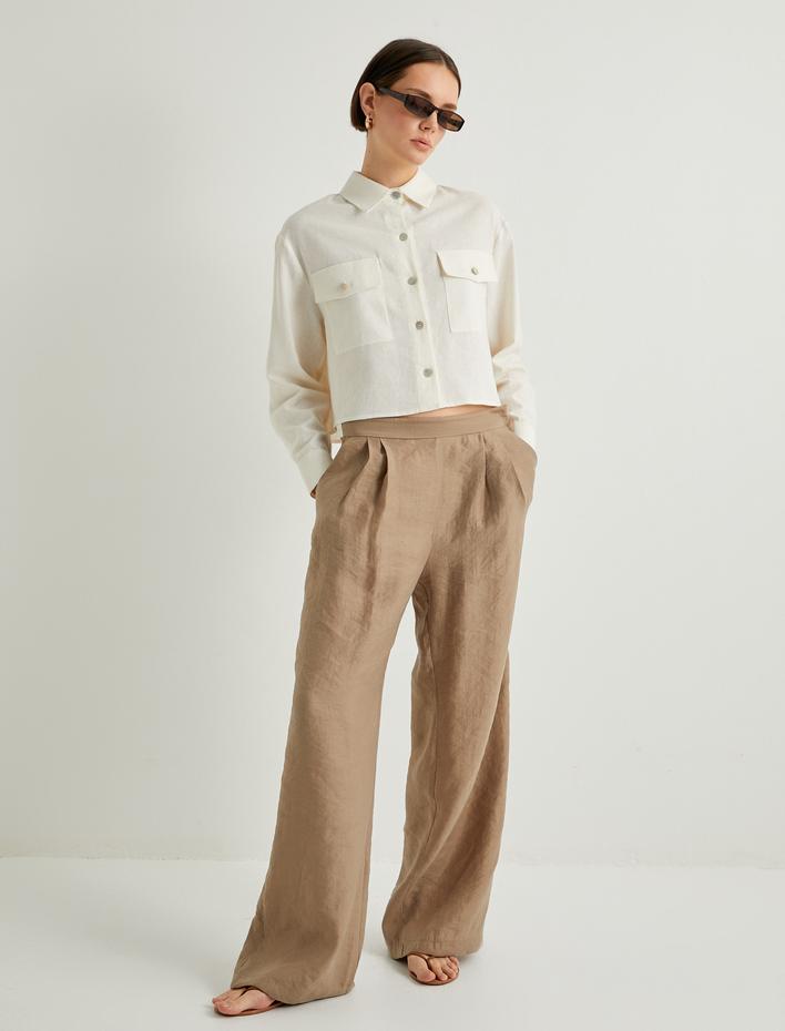  Crop Gömlek Keten Karışımlı Uzun Kollu Cepli Düğmeli