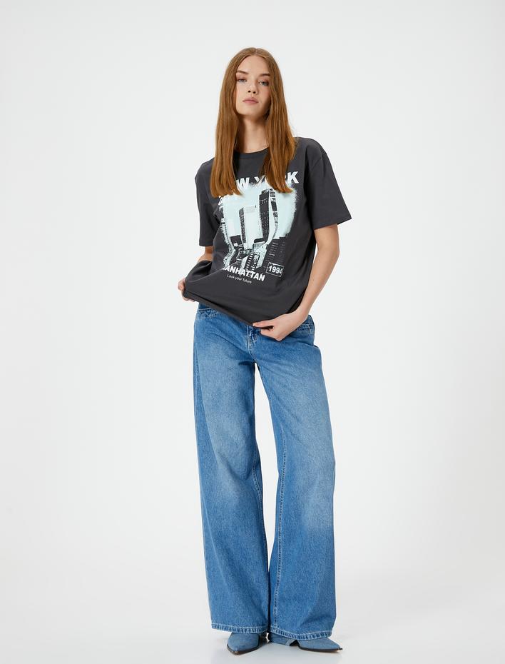  Baskılı Tişört Kısa Kollu Bisiklet Yaka Rahat Kalıp Pamuklu