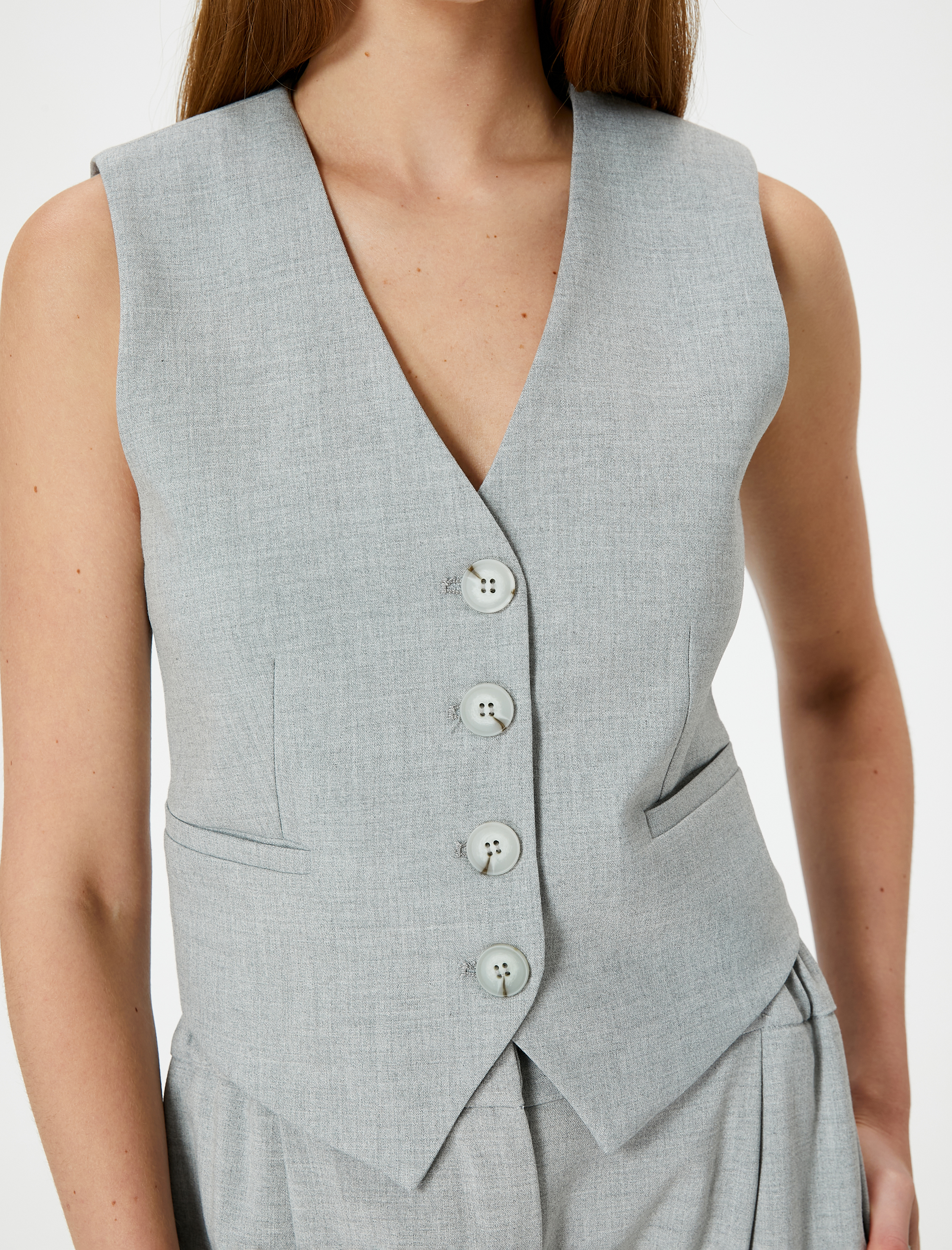   Blazer Yelek Düğmeli V Yaka Arkası Kemer Detaylı Rahat Kalıp