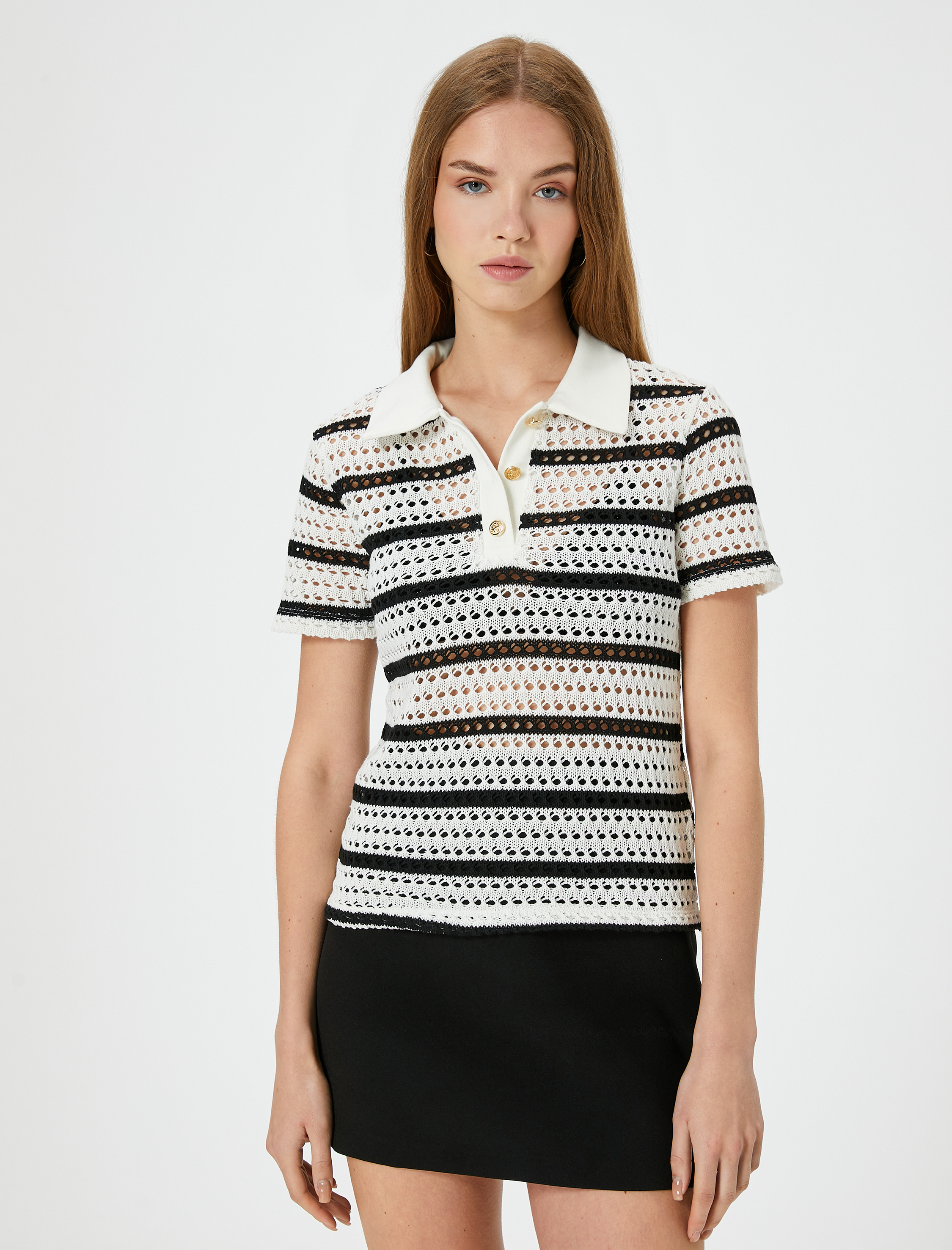   Polo Yaka Kroşe Crop Tişört Kısa Kollu